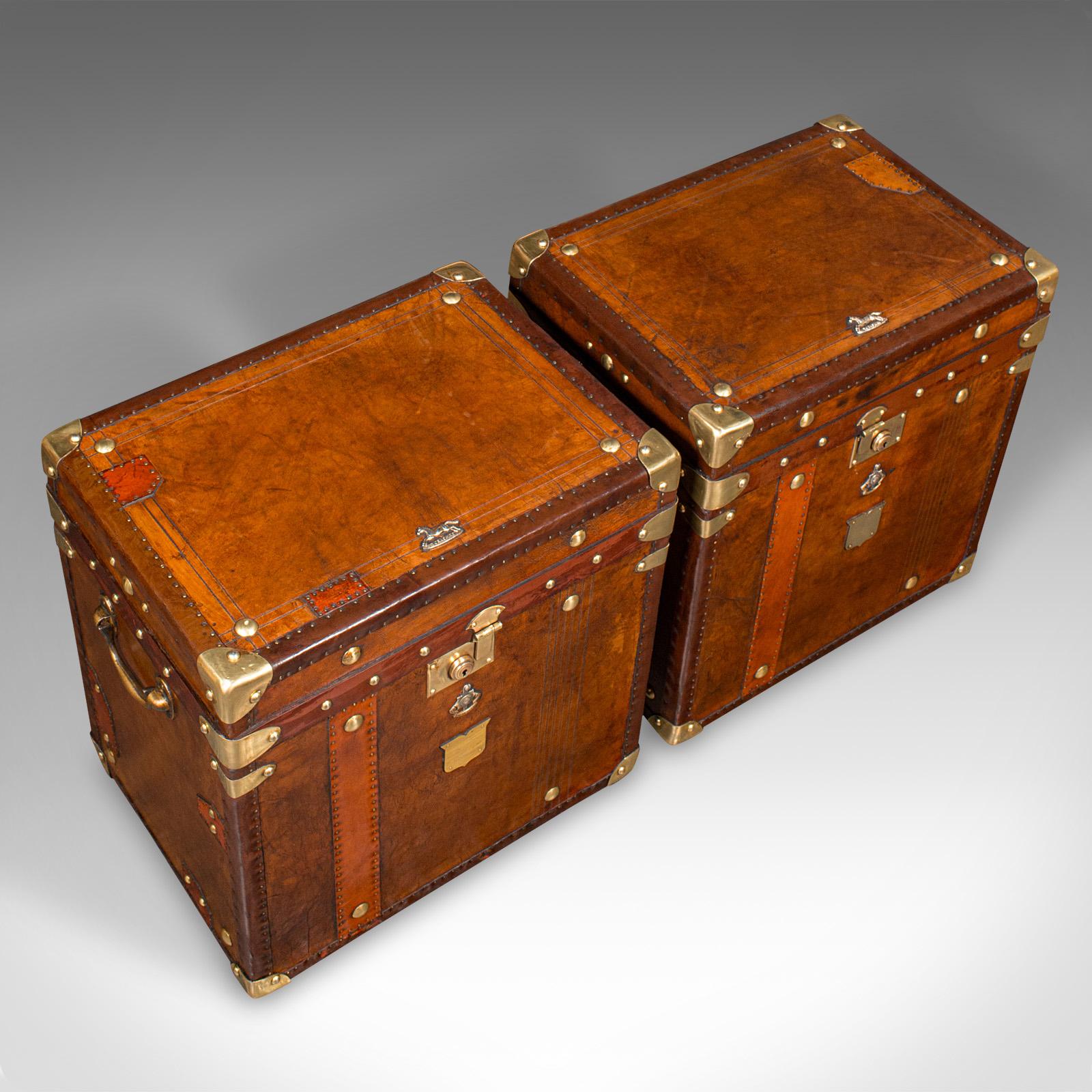 Pair Of Vintage Officer's Campaign Luggage, English, Leather Cases, Nightstand For Sale 2