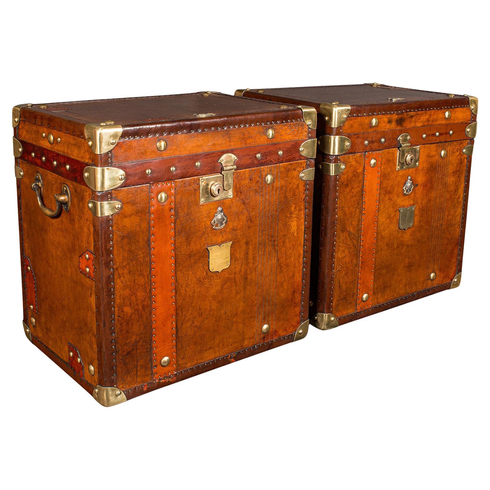 Pair Of Vintage Officer's Campaign Luggage, English, Leather Cases, Nightstand For Sale