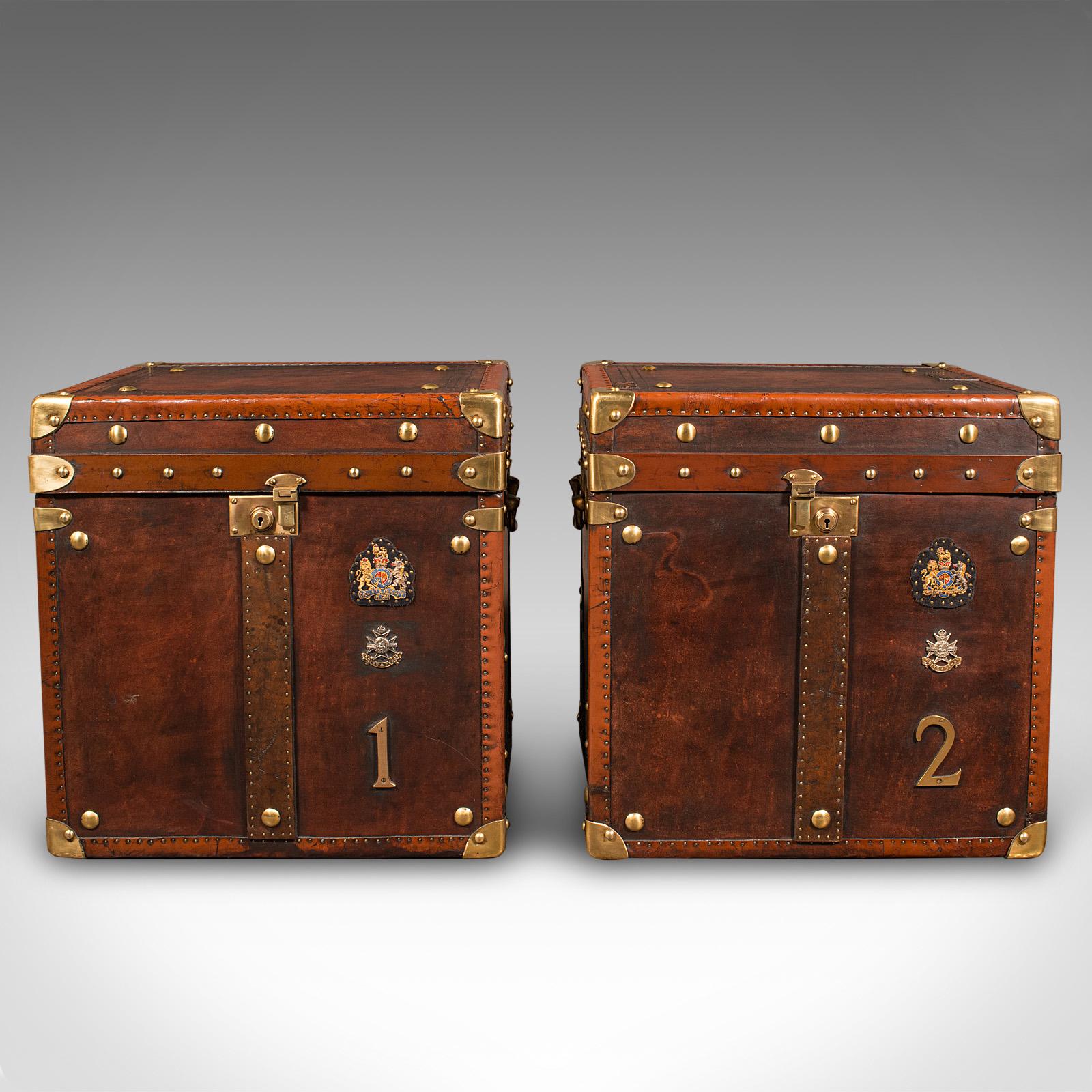 Mid-Century Modern Pair Of Vintage Officer's Campaign Trunks, English, Leather, Cases, Nightstand