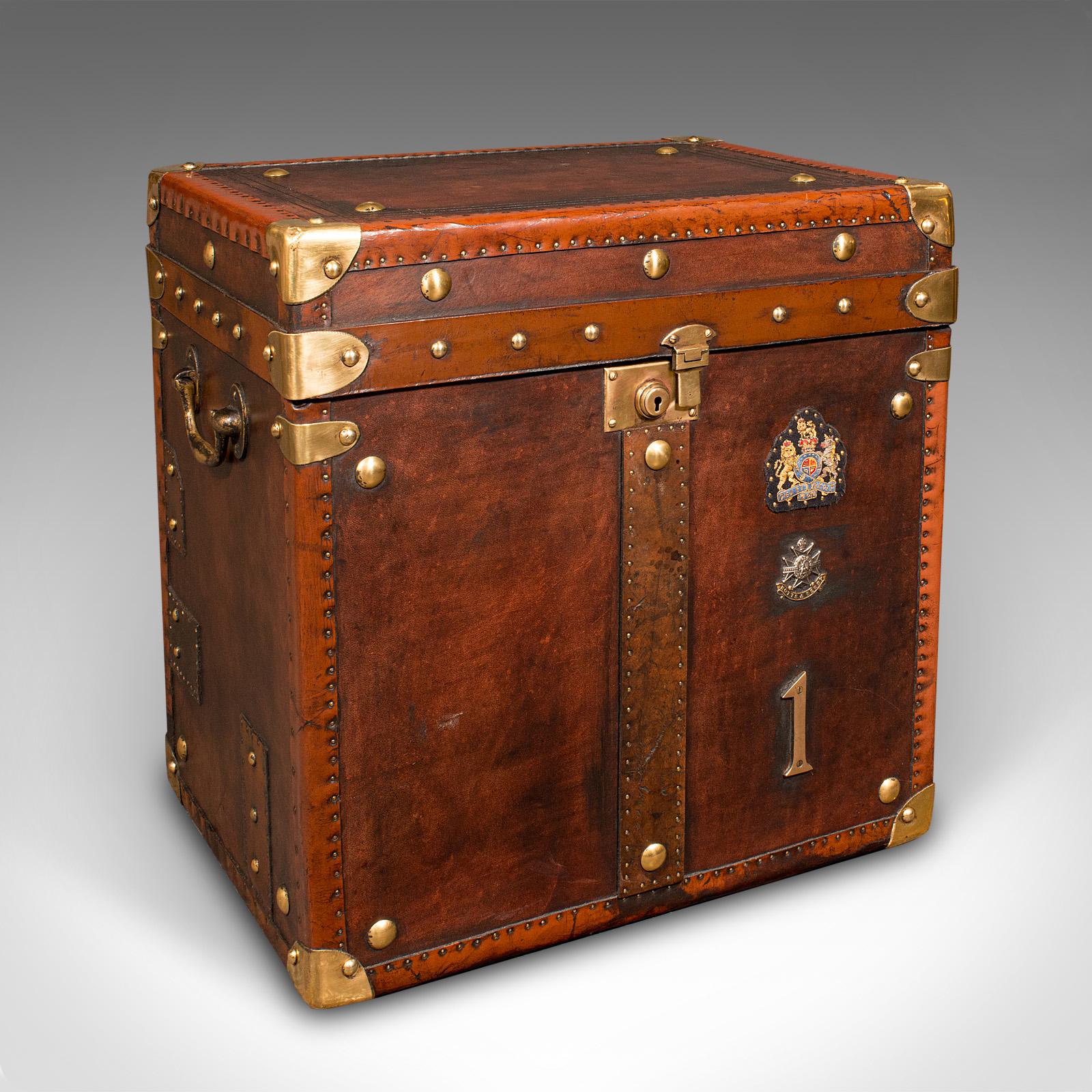 British Pair Of Vintage Officer's Campaign Trunks, English, Leather, Cases, Nightstand