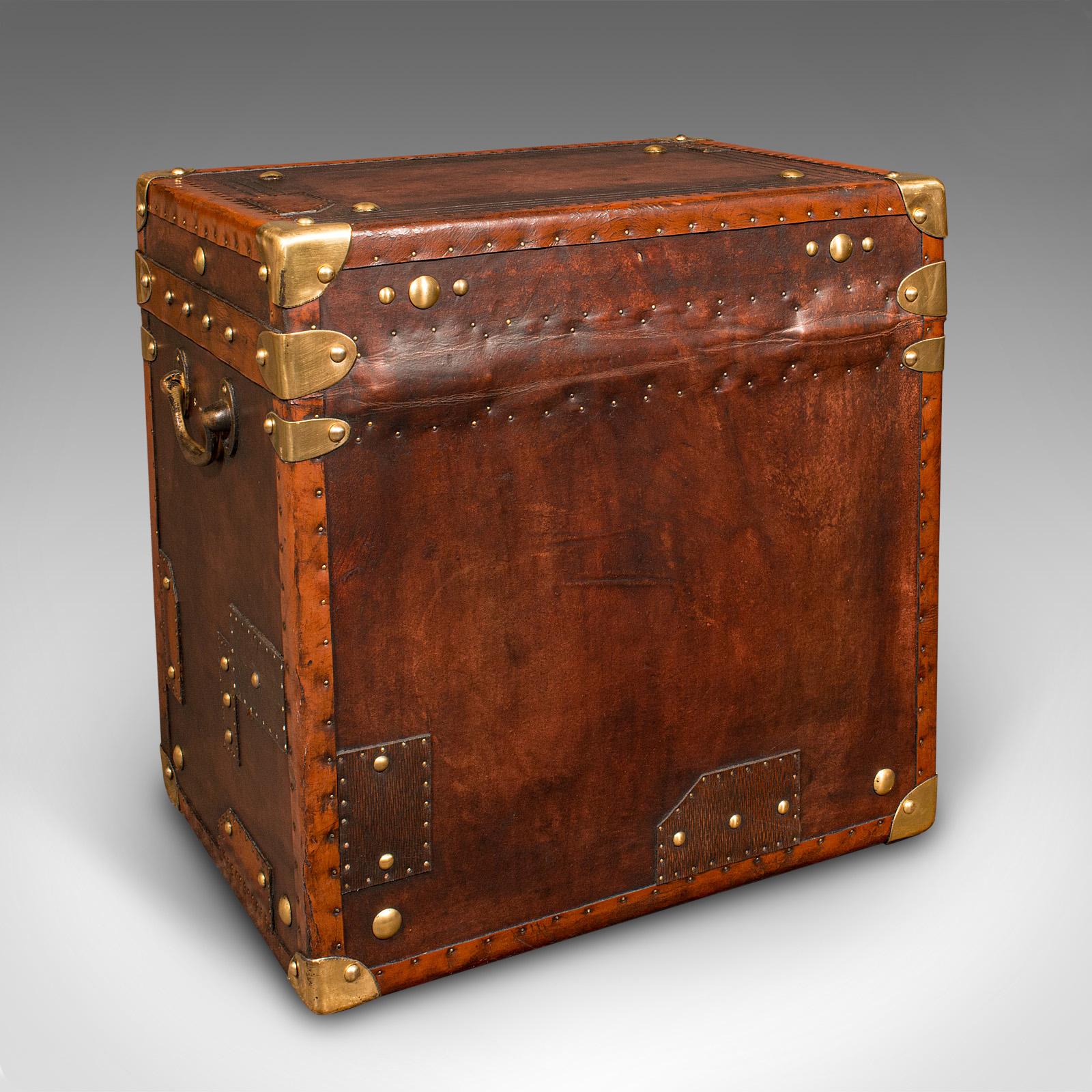 Brass Pair Of Vintage Officer's Campaign Trunks, English, Leather, Cases, Nightstand