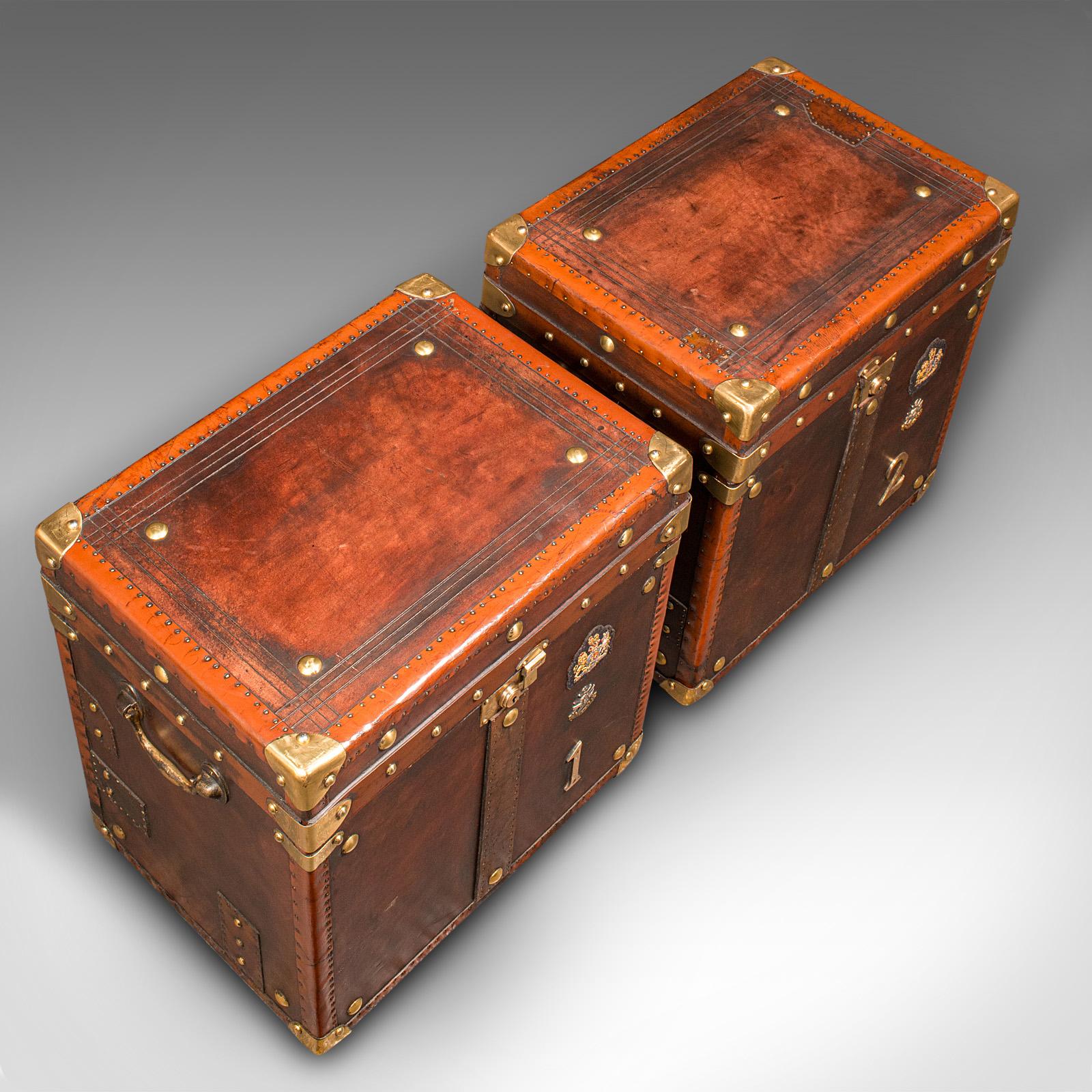 Pair Of Vintage Officer's Campaign Trunks, English, Leather, Cases, Nightstand 1