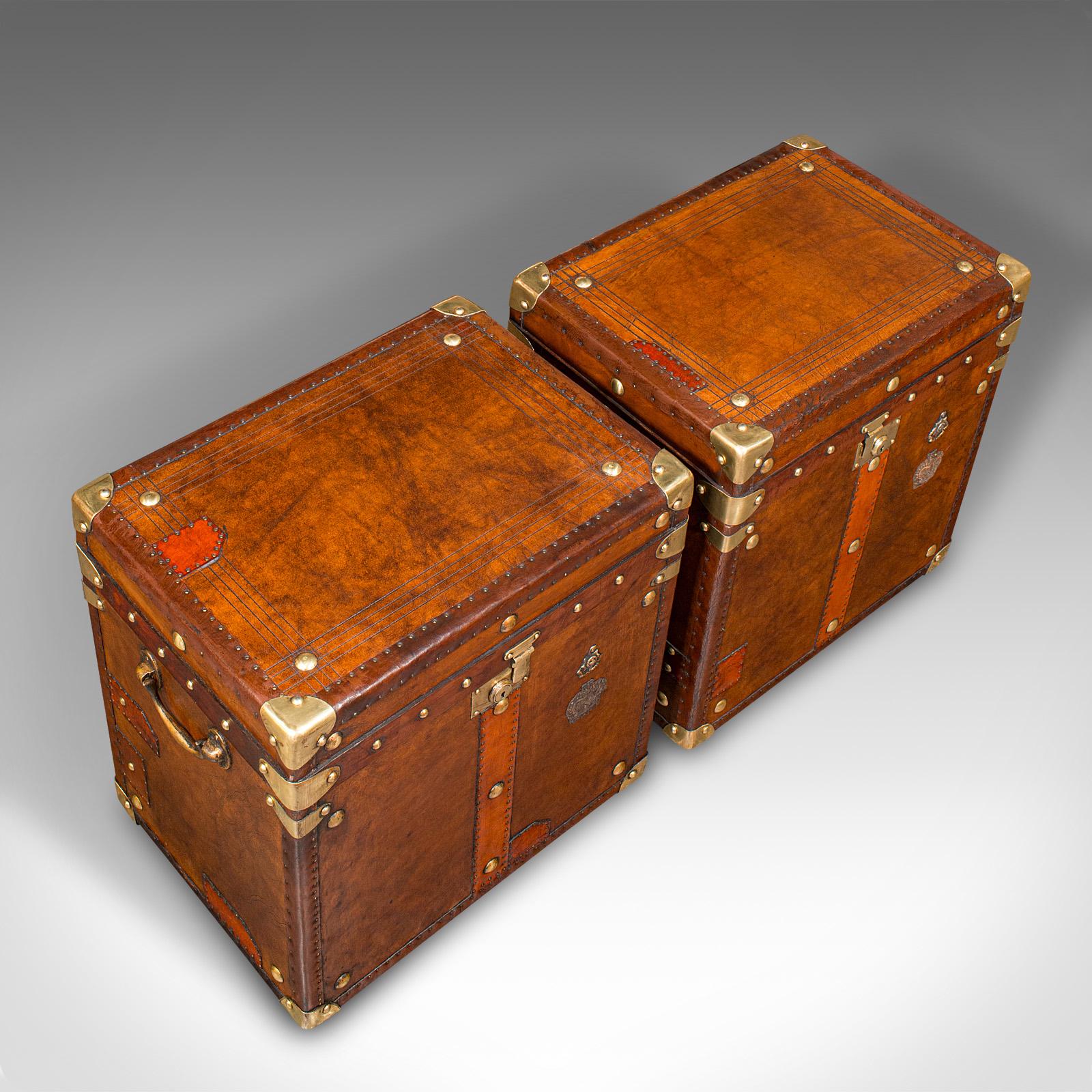 Brass Pair Of Vintage Officer's Luggage Cases, English, Leather, Bedside Nightstand For Sale