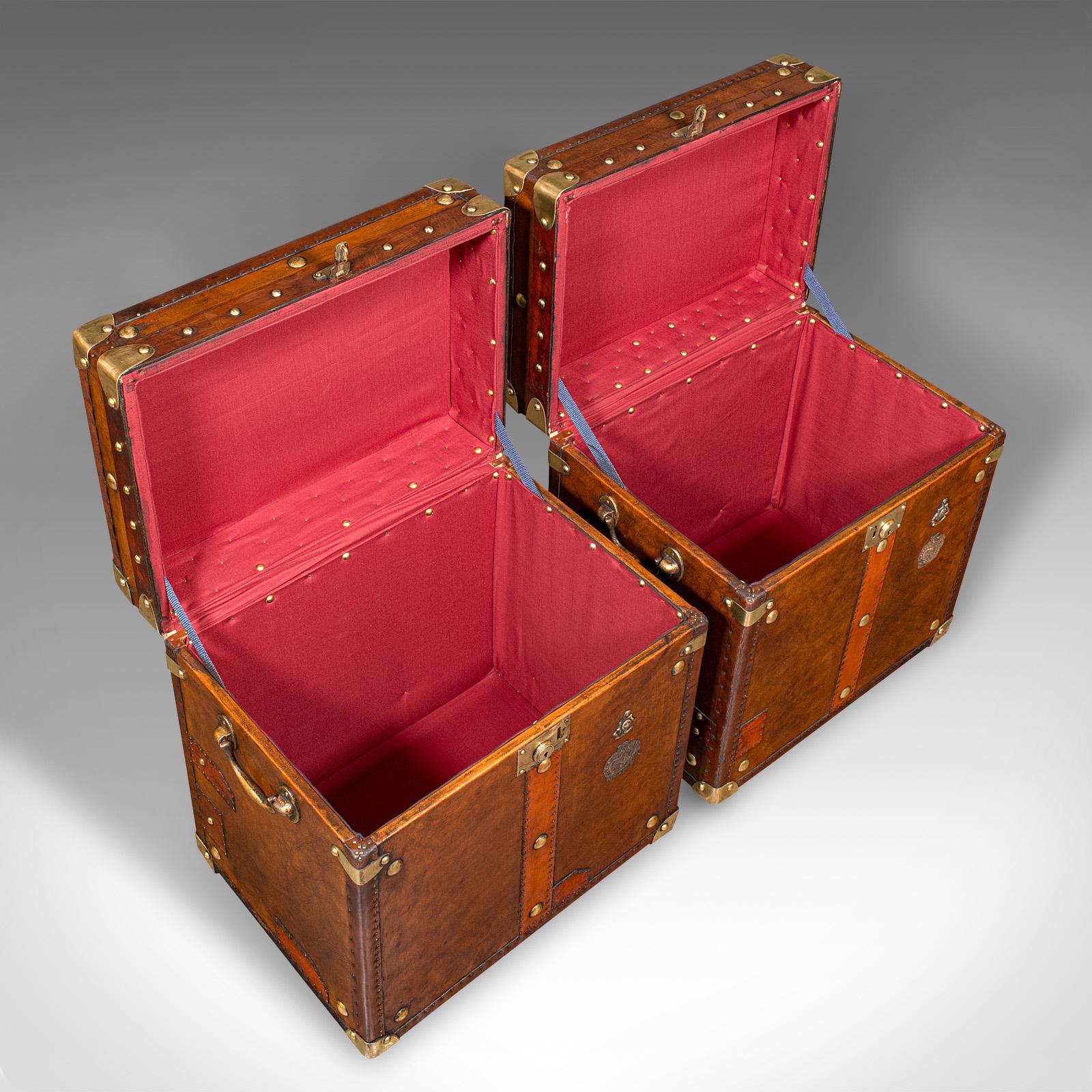 Pair Of Vintage Officer's Luggage Cases, English, Leather, Bedside Nightstand For Sale 1