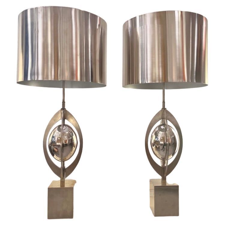 Pair of Vintage "Ogive" Stainless Steel Table Lamps by Maison Charles ca. 1970s For Sale