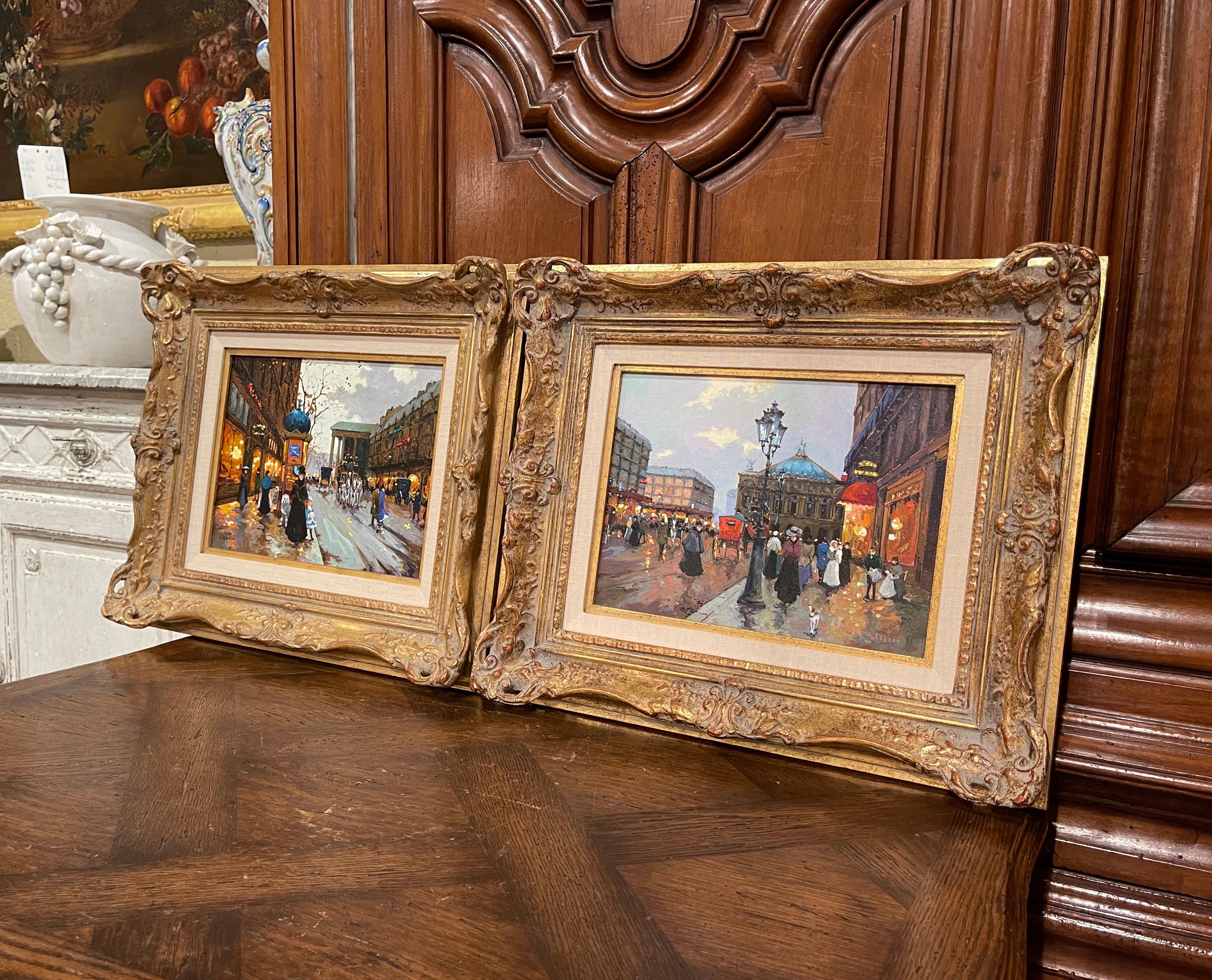 Pair of Vintage Oil on Canvas Paris Scenes Painting in Gilt Frames Signed Lebron For Sale 4