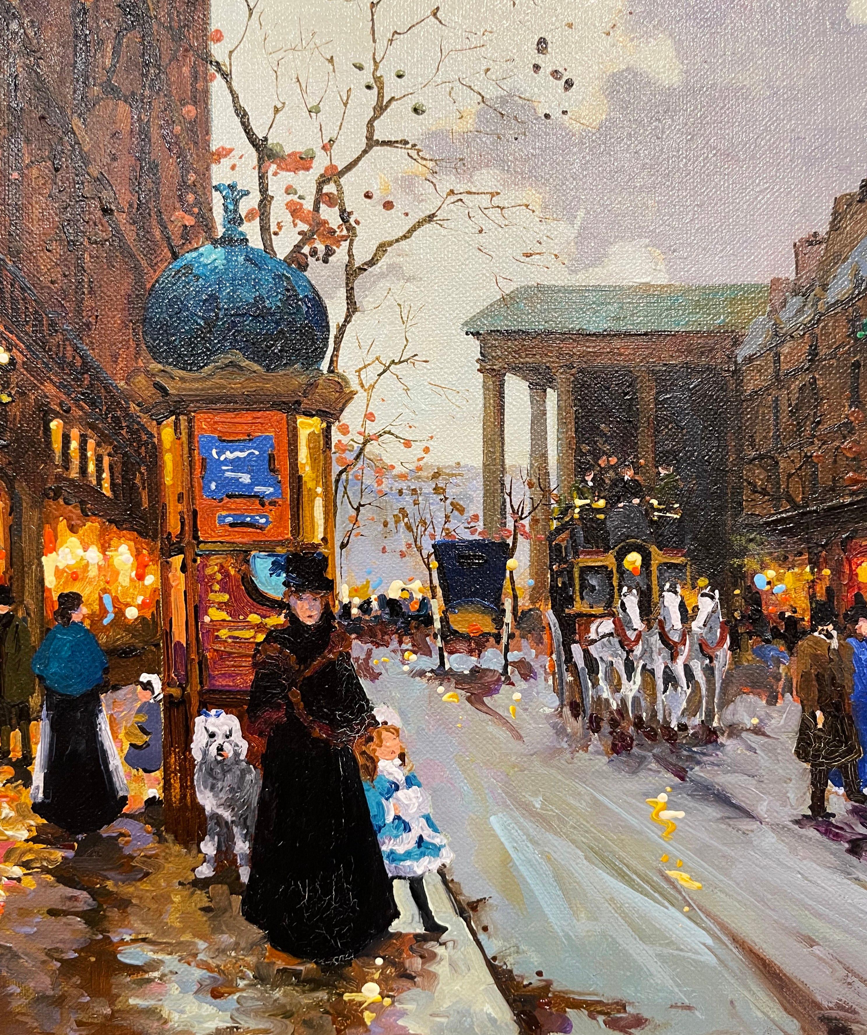 Pareja de óleos vintage sobre lienzo Pintura de escenas parisinas en marcos dorados Firmado Lebron en venta 4