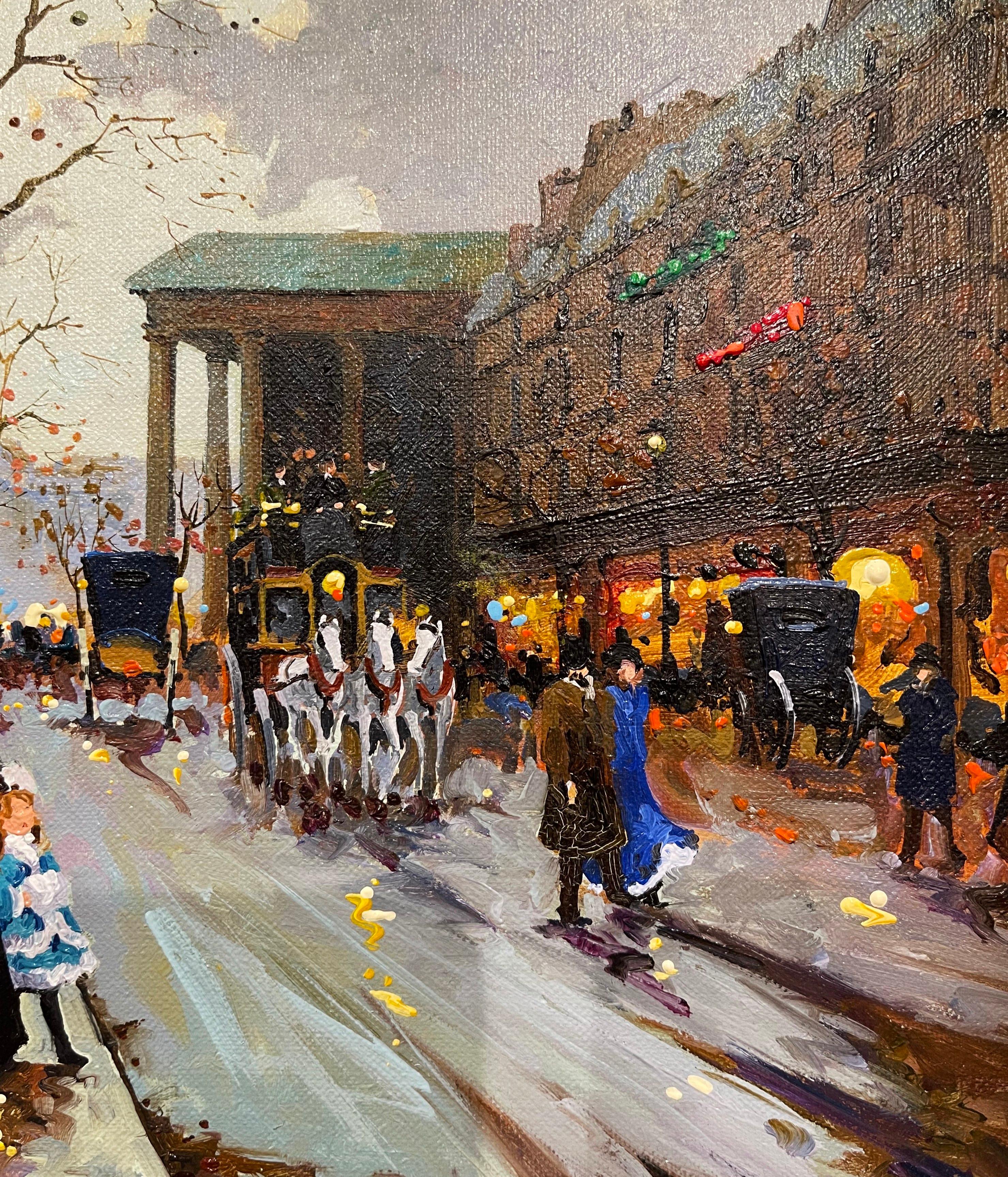 Paire de scènes de Paris peintes à l'huile sur toile dans des cadres dorés signés Lebron en vente 6