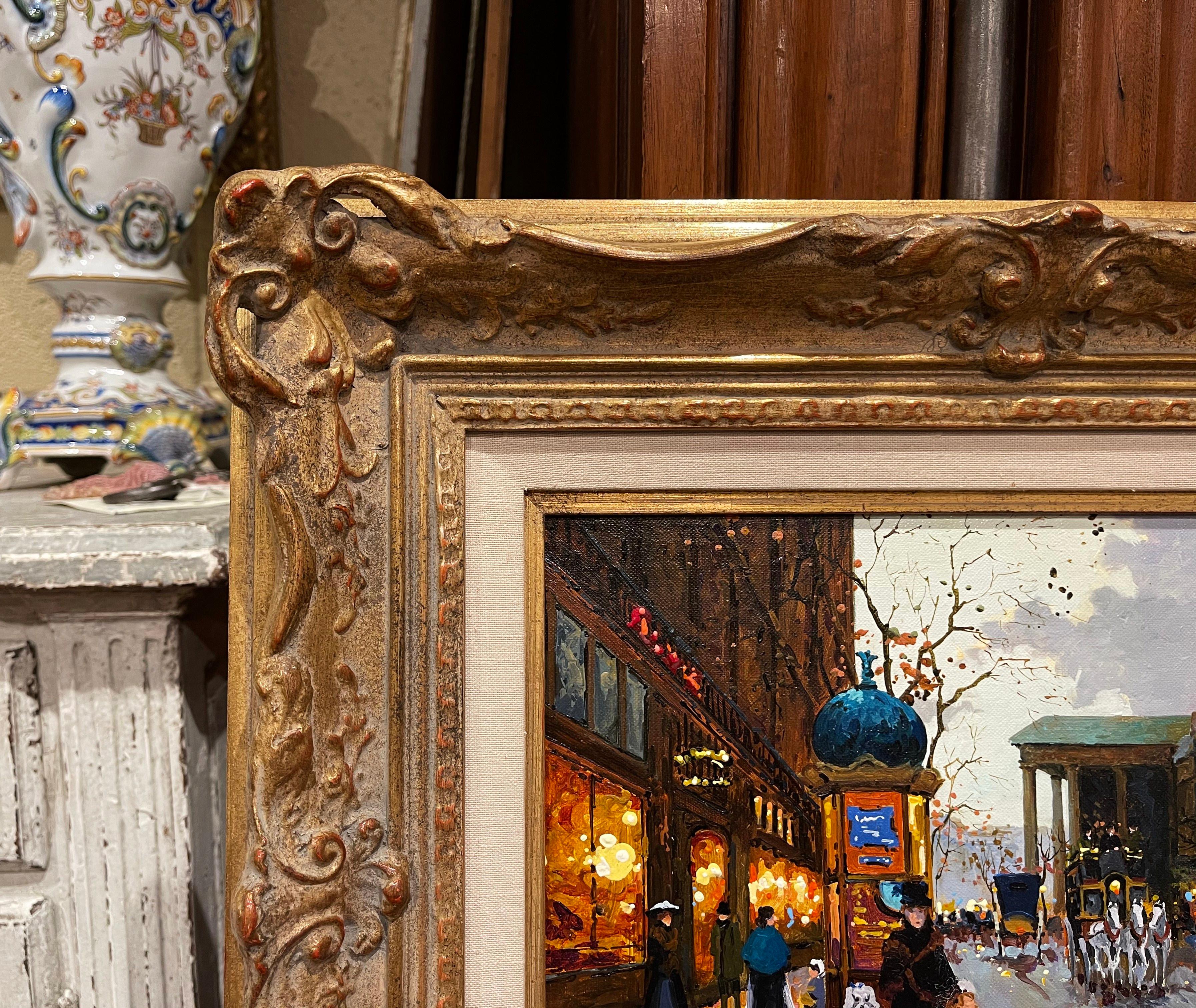 Paire de scènes de Paris peintes à l'huile sur toile dans des cadres dorés signés Lebron en vente 8