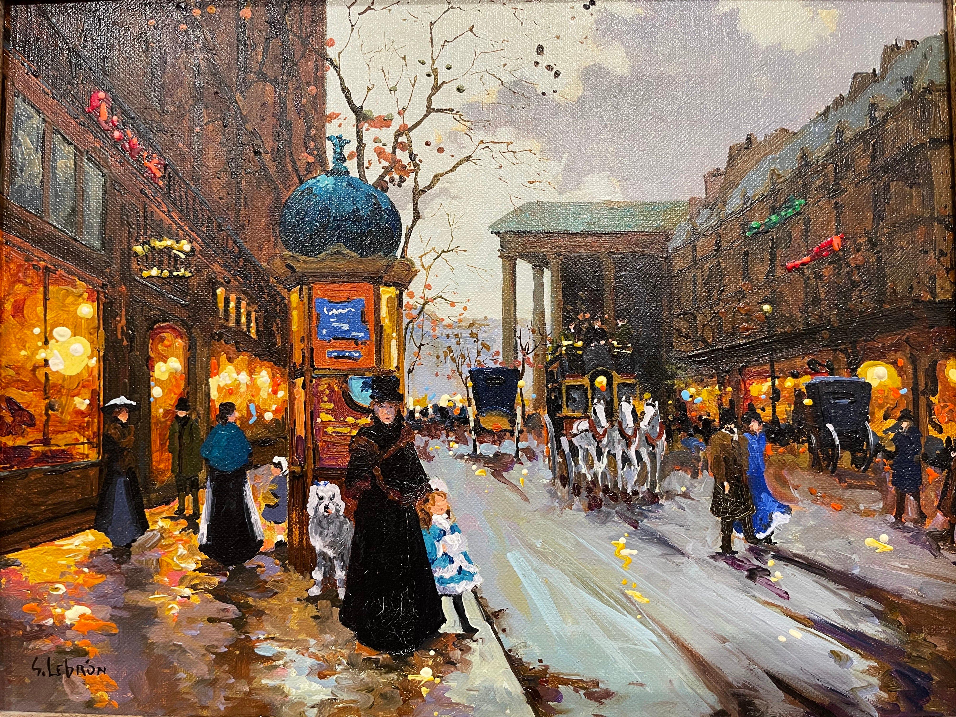 Américain Paire de scènes de Paris peintes à l'huile sur toile dans des cadres dorés signés Lebron en vente