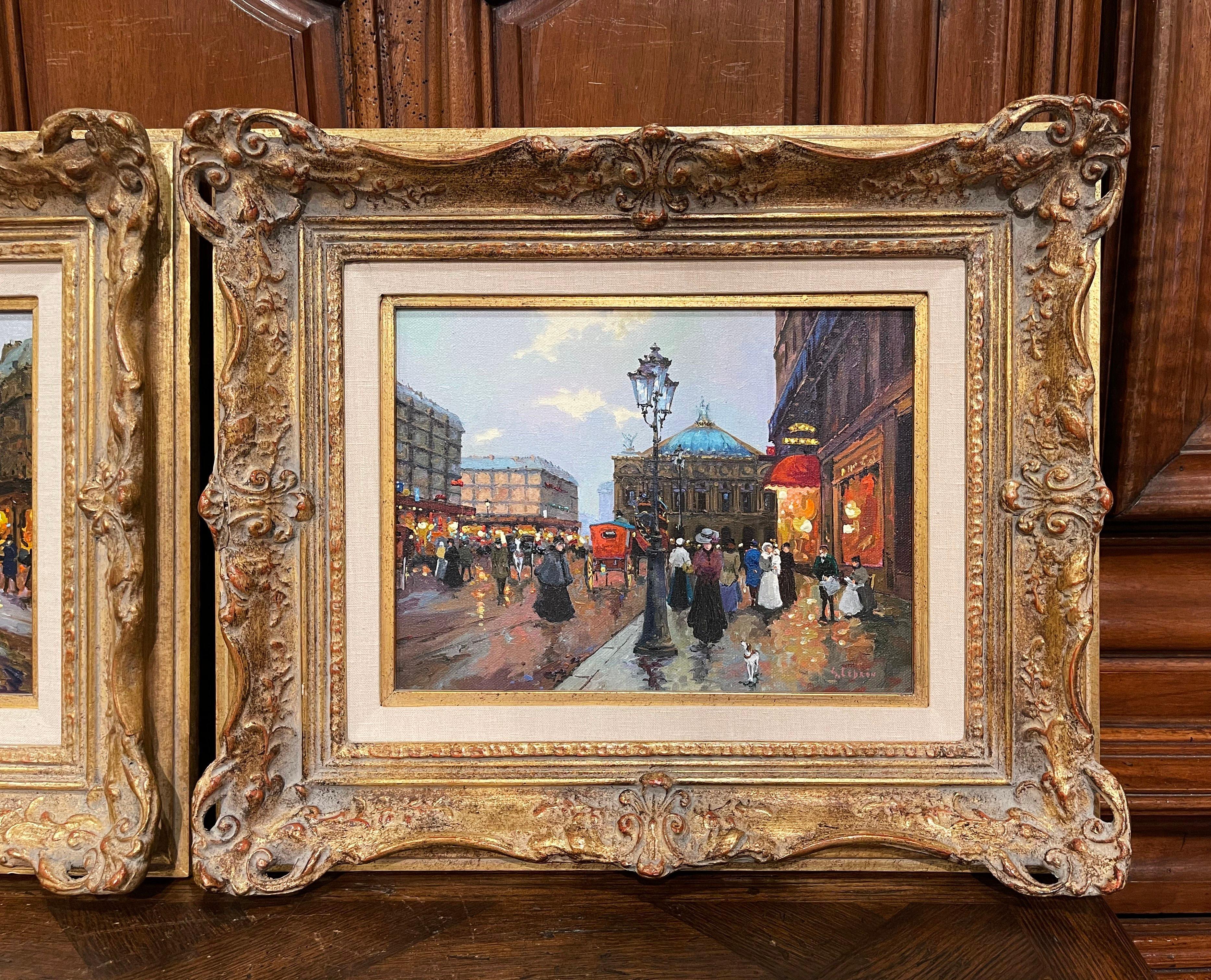 Hand-Carved Pair of Vintage Oil on Canvas Paris Scenes Painting in Gilt Frames Signed Lebron For Sale