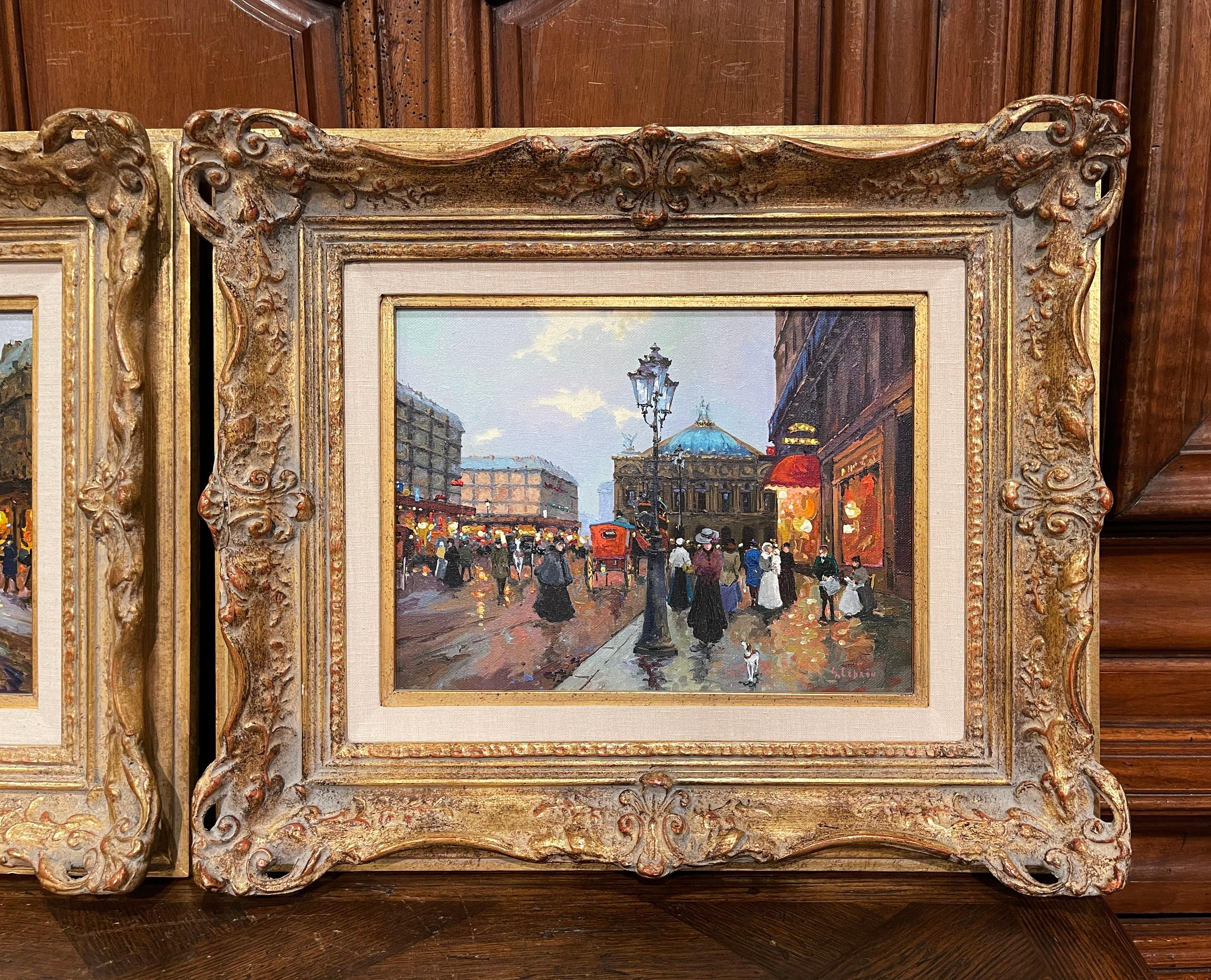 Pareja de óleos vintage sobre lienzo Pintura de escenas parisinas en marcos dorados Firmado Lebron Tallado a mano en venta