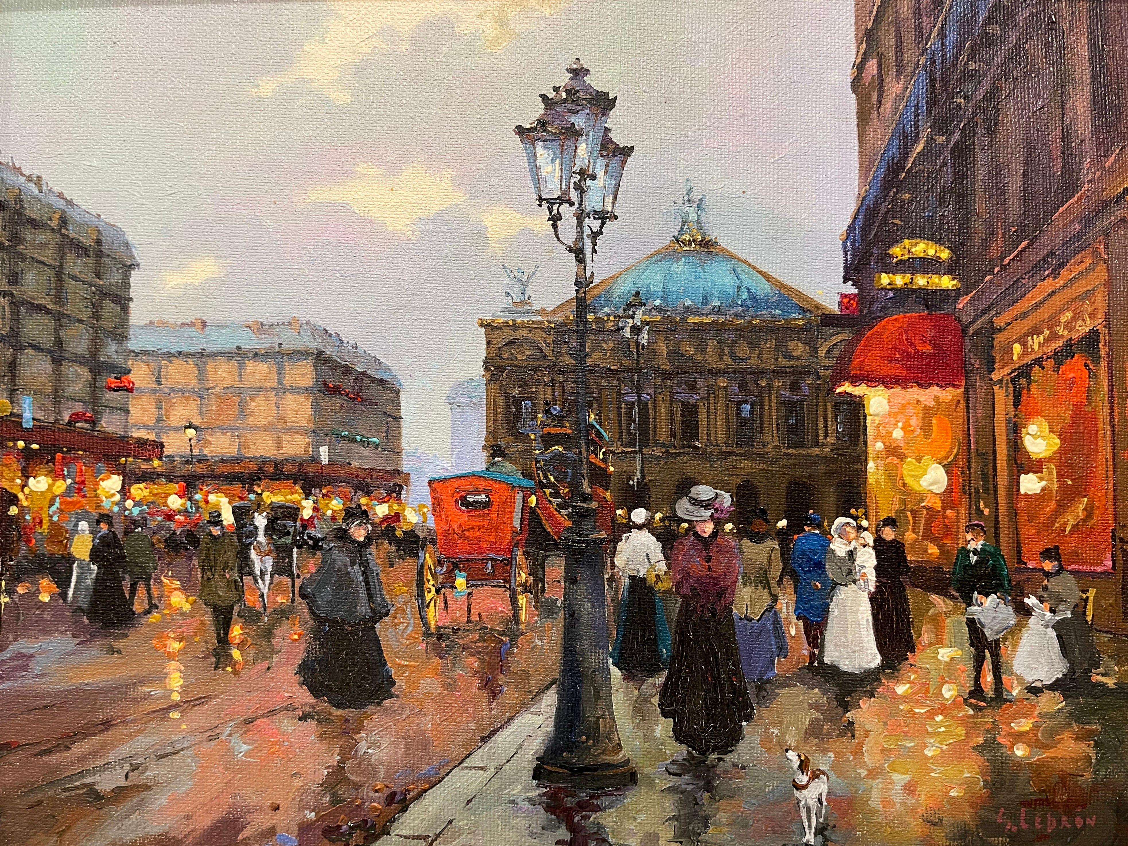 Pareja de óleos vintage sobre lienzo Pintura de escenas parisinas en marcos dorados Firmado Lebron en Excelente estado para la venta en Dallas, TX