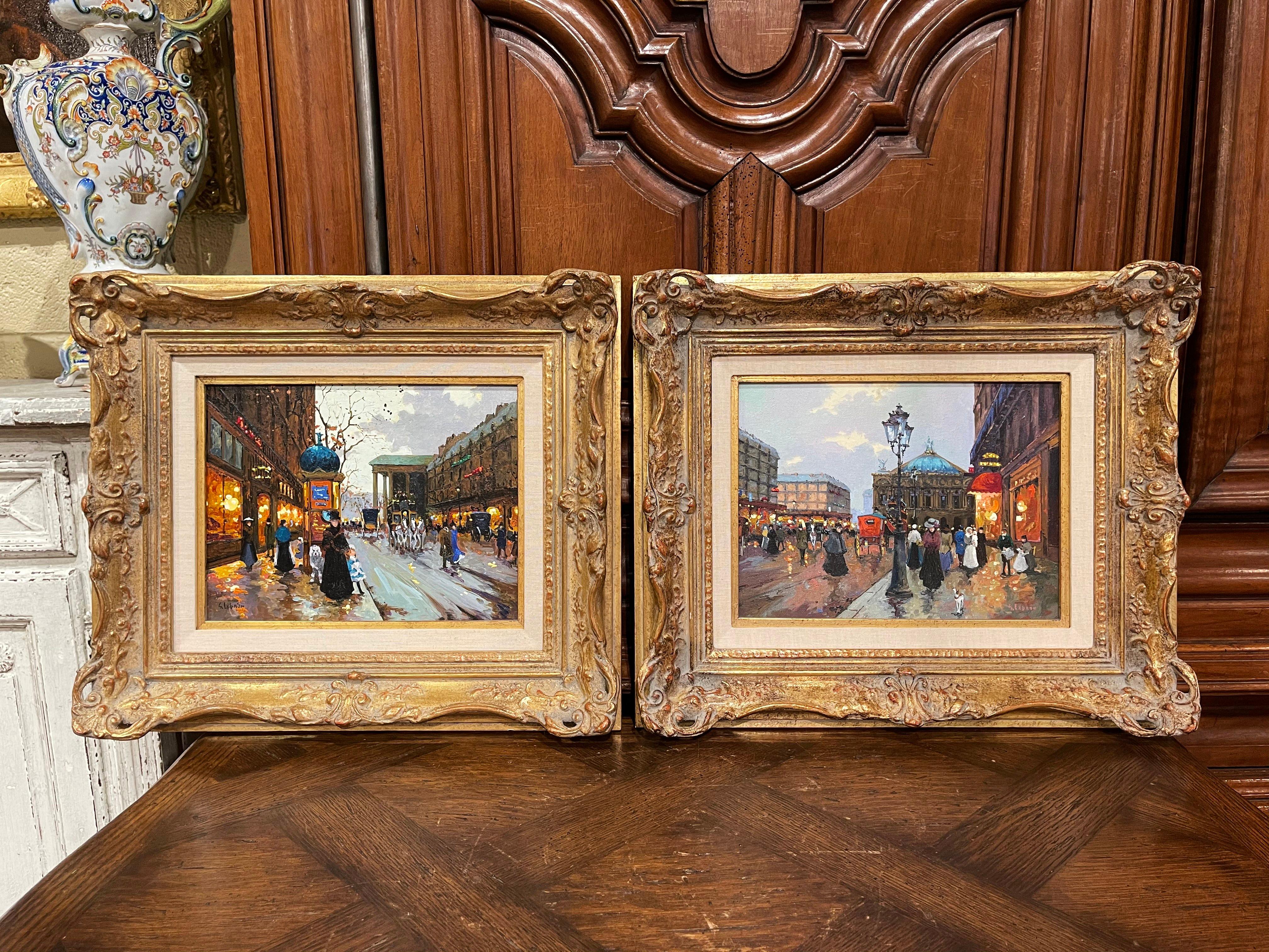 Pareja de óleos vintage sobre lienzo Pintura de escenas parisinas en marcos dorados Firmado Lebron siglo XX en venta