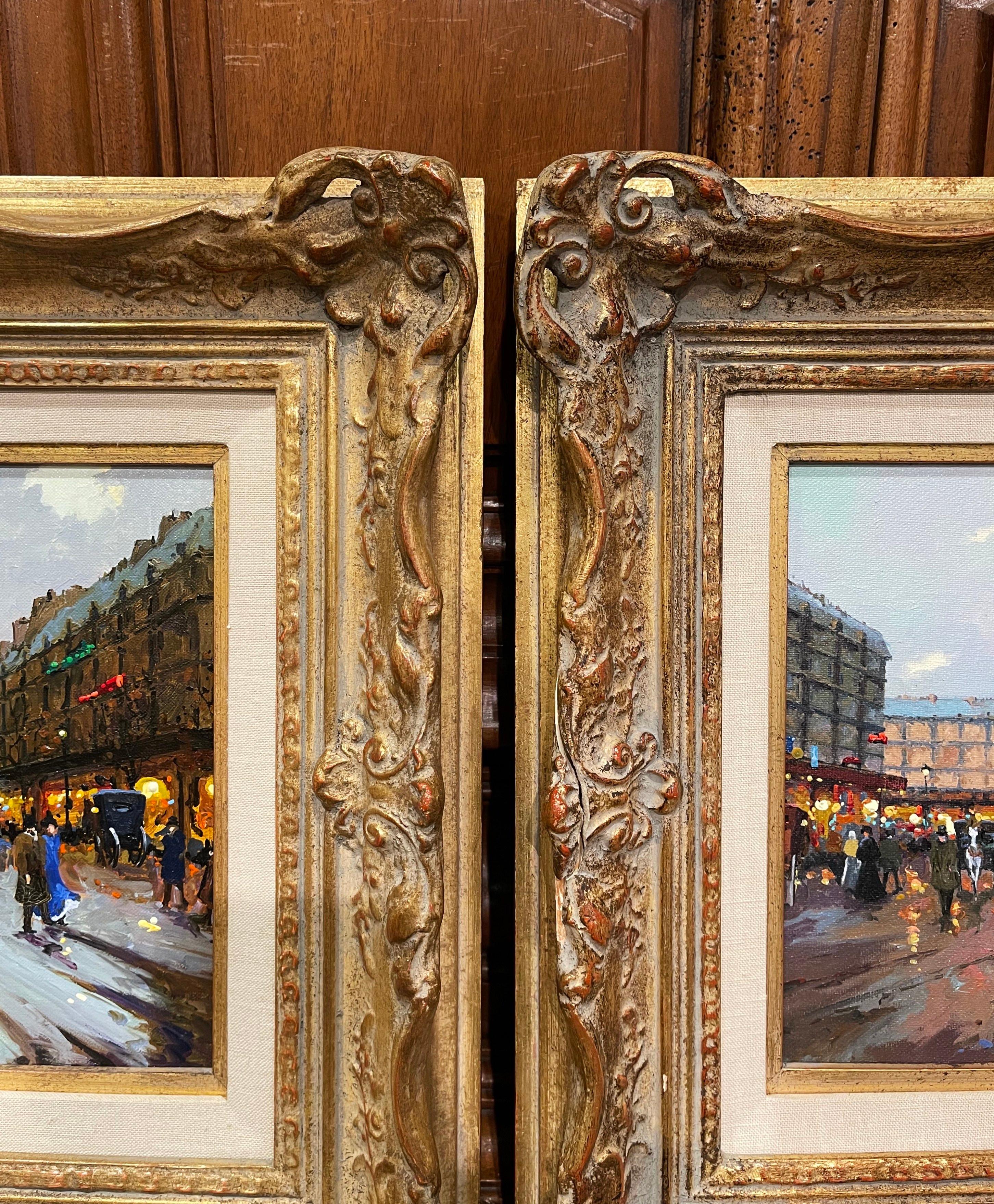 Toile Paire de scènes de Paris peintes à l'huile sur toile dans des cadres dorés signés Lebron en vente