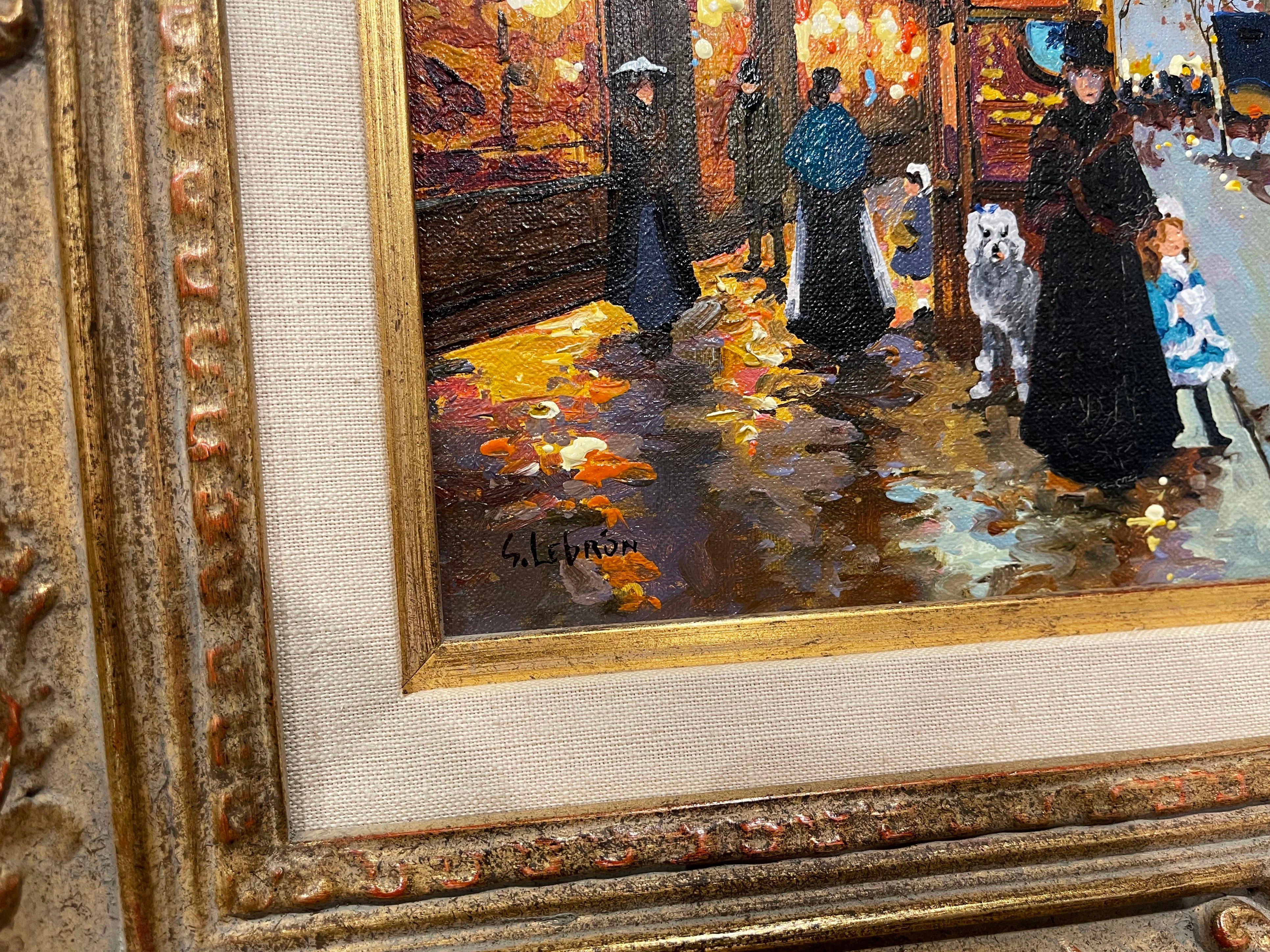 Paire de scènes de Paris peintes à l'huile sur toile dans des cadres dorés signés Lebron en vente 1