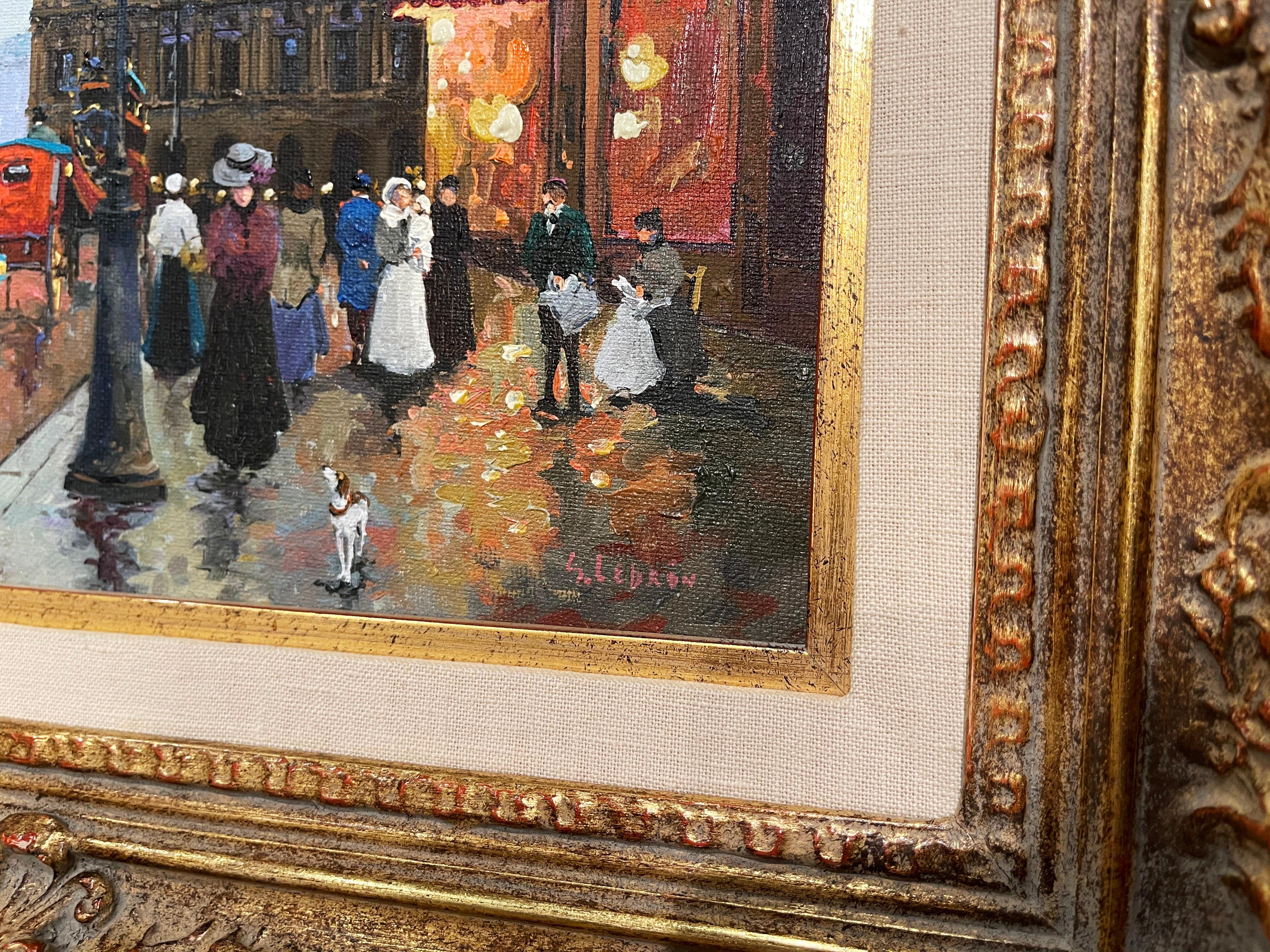 Paire de scènes de Paris peintes à l'huile sur toile dans des cadres dorés signés Lebron en vente 2