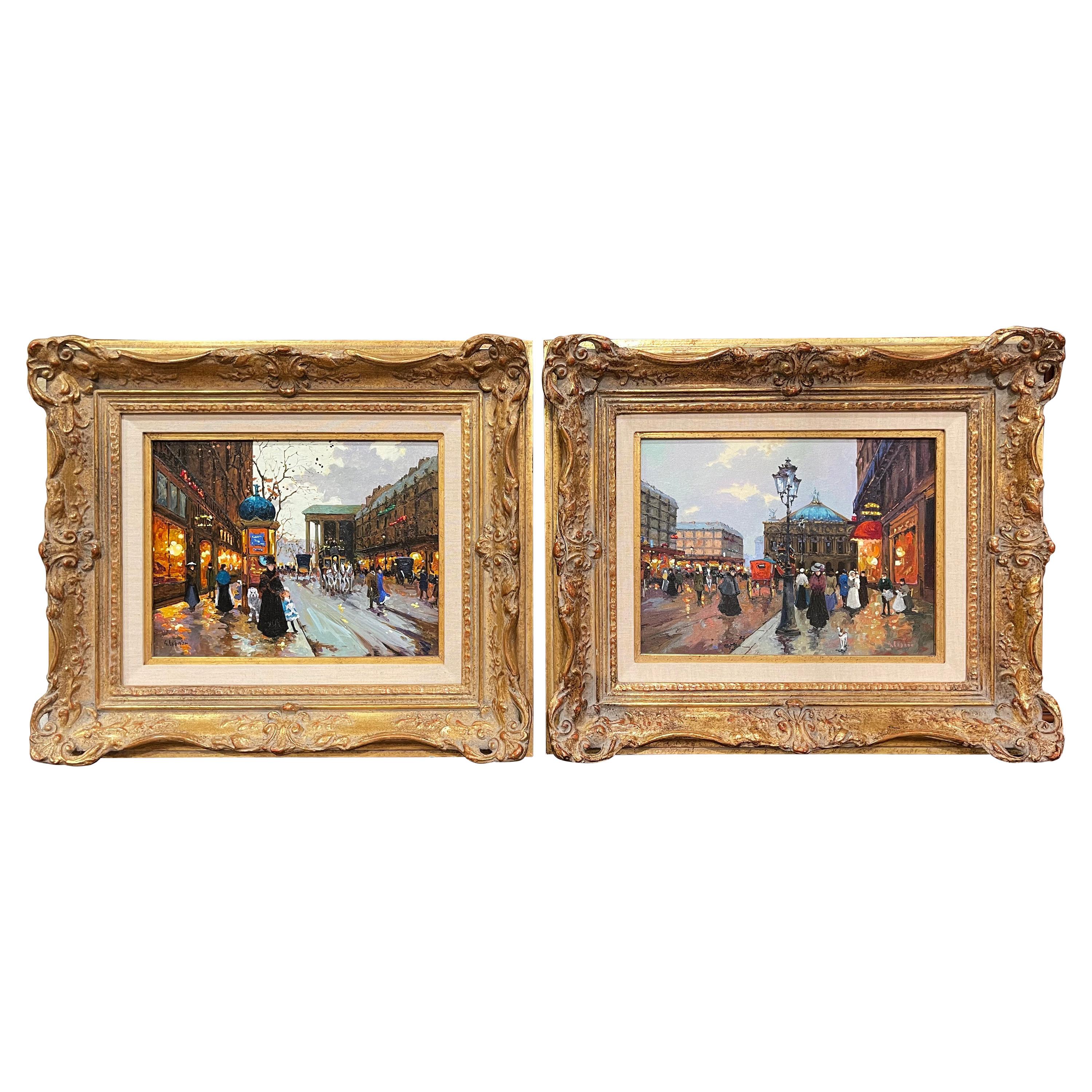 Pair of Vintage Oil on Canvas Paris Scenes Painting in Gilt Frames Signed Lebron For Sale