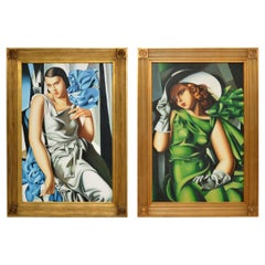 Pair of Vintage Oil Paintings in the Manner of Tamara de Lempicka