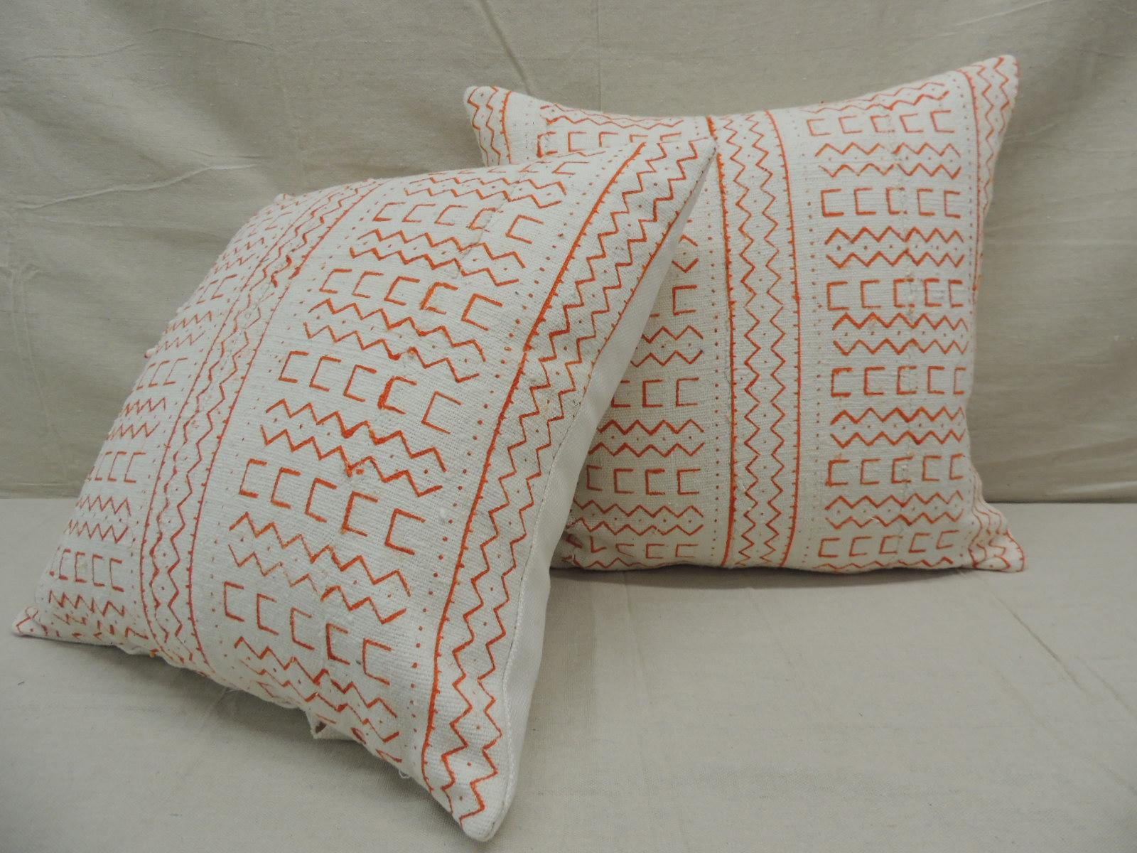 Tribal Pair of Vintage Orange and Natural African Mud Cloth Square Decorative Pillows