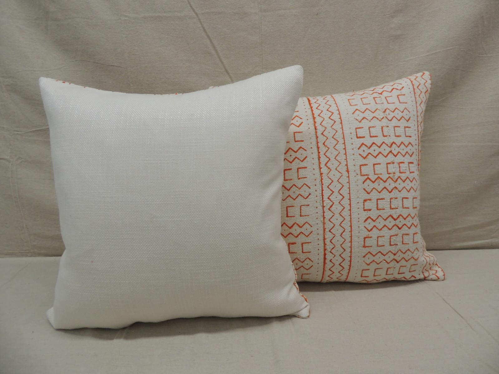 Malian Pair of Vintage Orange and Natural African Mud Cloth Square Decorative Pillows