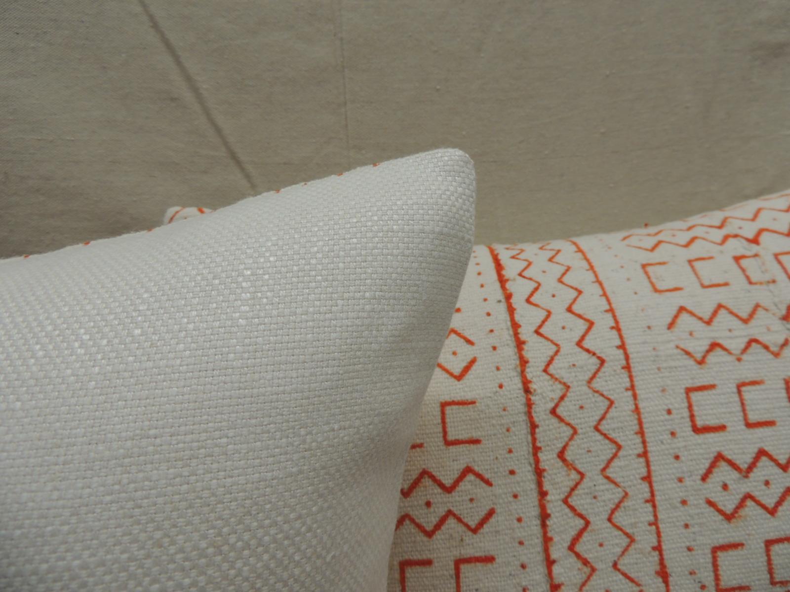 Hand-Crafted Pair of Vintage Orange and Natural African Mud Cloth Square Decorative Pillows