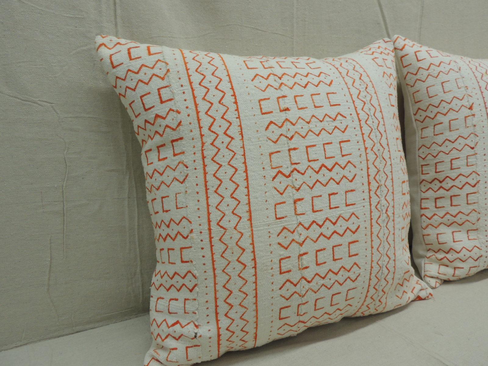 Cotton Pair of Vintage Orange and Natural African Mud Cloth Square Decorative Pillows