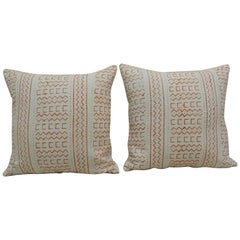 Pair of Vintage Orange and Natural African Mud Cloth Square Decorative Pillows
