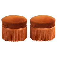 Pair of Vintage Orange Fringed Velvet Ottomans C1960s France