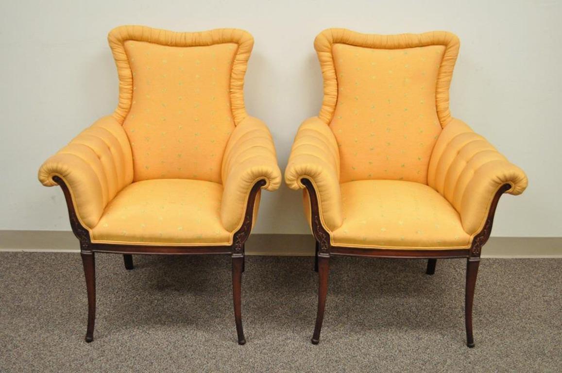 Pair of Vintage Orange Hollywood Regency French Style Carved Fireside Armchairs In Good Condition In Philadelphia, PA