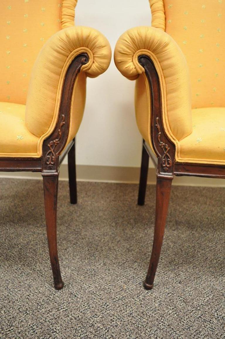 Pair of Vintage Orange Hollywood Regency French Style Carved Fireside Armchairs 3