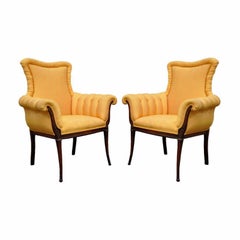 Pair of Vintage Orange Hollywood Regency French Style Carved Fireside Armchairs