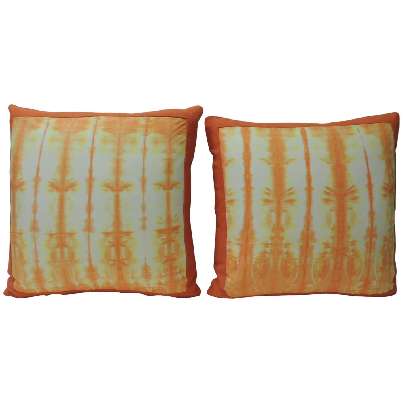 Pair of Vintage Orange & Natural  Shibori Square Decorative Pillows