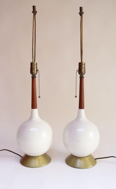 Pair of Vintage Orb Vasiform White Porcelain Ceramic and Walnut Table Lamps
