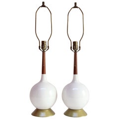 Pair of Vintage Orb Vasiform White Porcelain Ceramic and Walnut Table Lamps