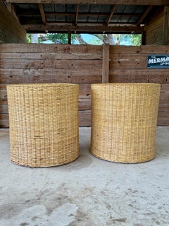 Pair of Vintage Organic Modern Coastal Wicker Works Woven Rattan Side Tables