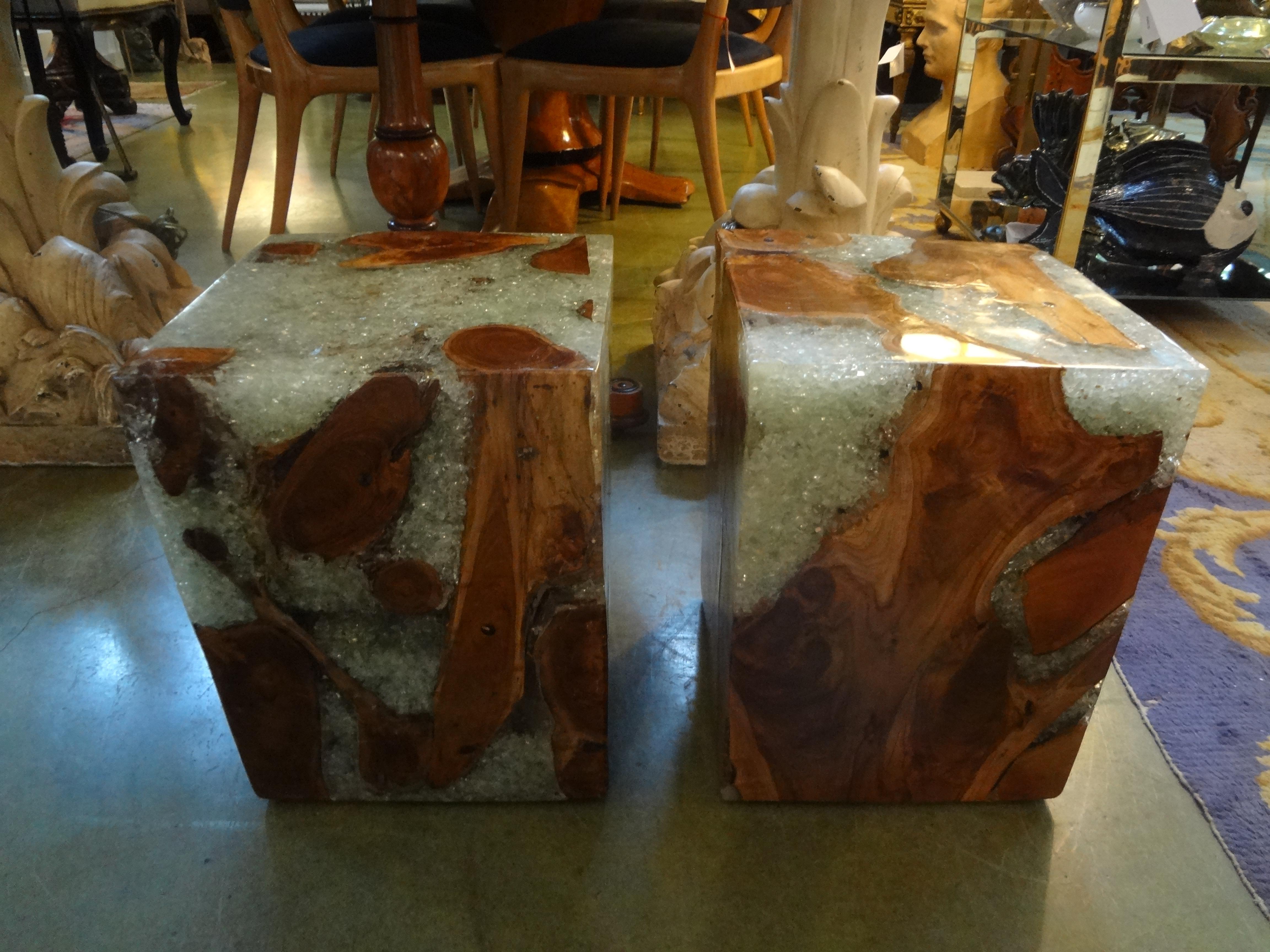 Pair of vintage organic modern fractal resin and wood cube tables.
Fantastic pair of vintage organic modern fractal resin and wood cube tables or pedestals. This pair of Pierre Giraudon style cubes have a polished finish with unique sculpted