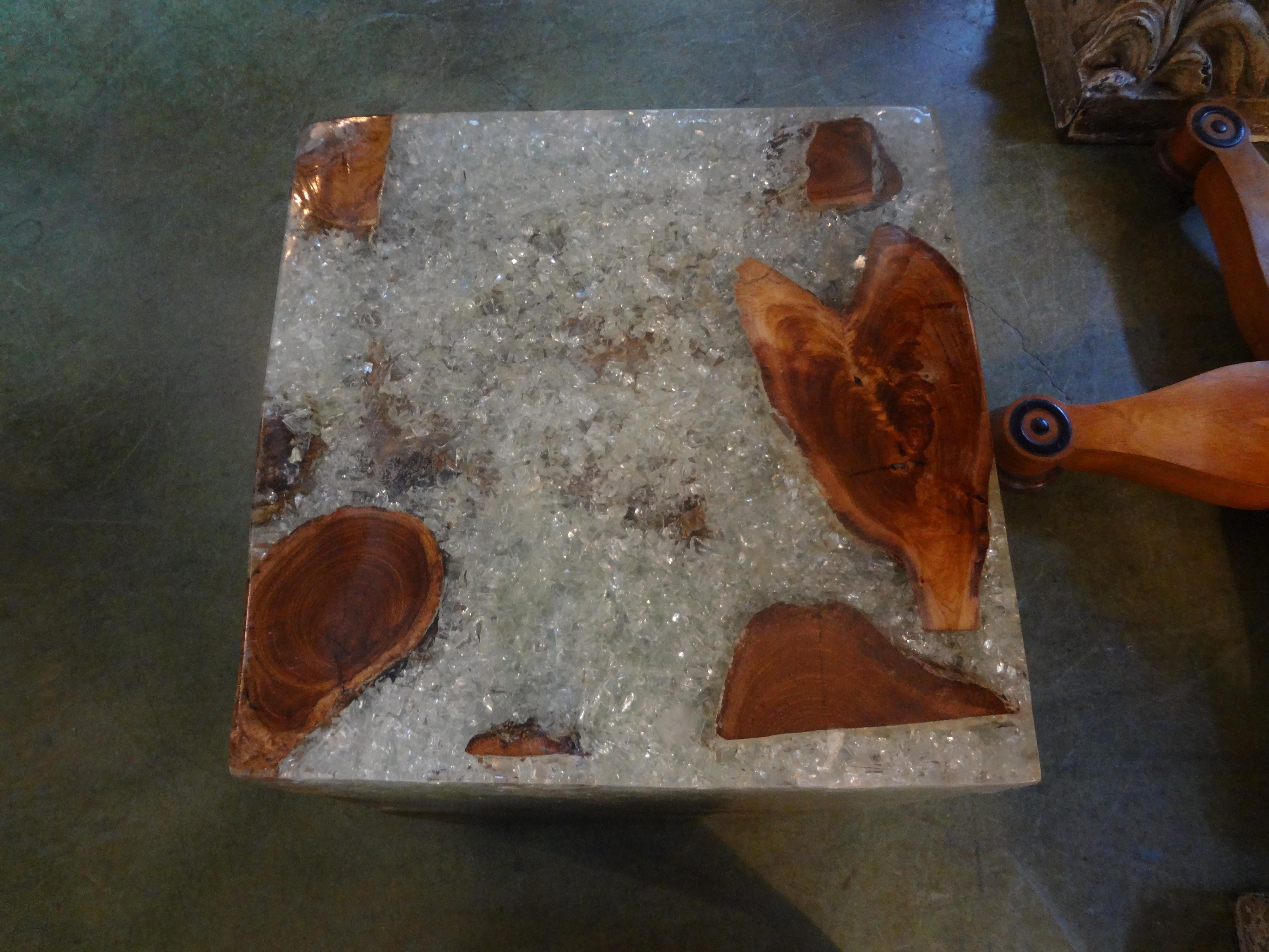 20th Century Pair of Vintage Organic Modern Fractal Resin and Wood Cube Tables