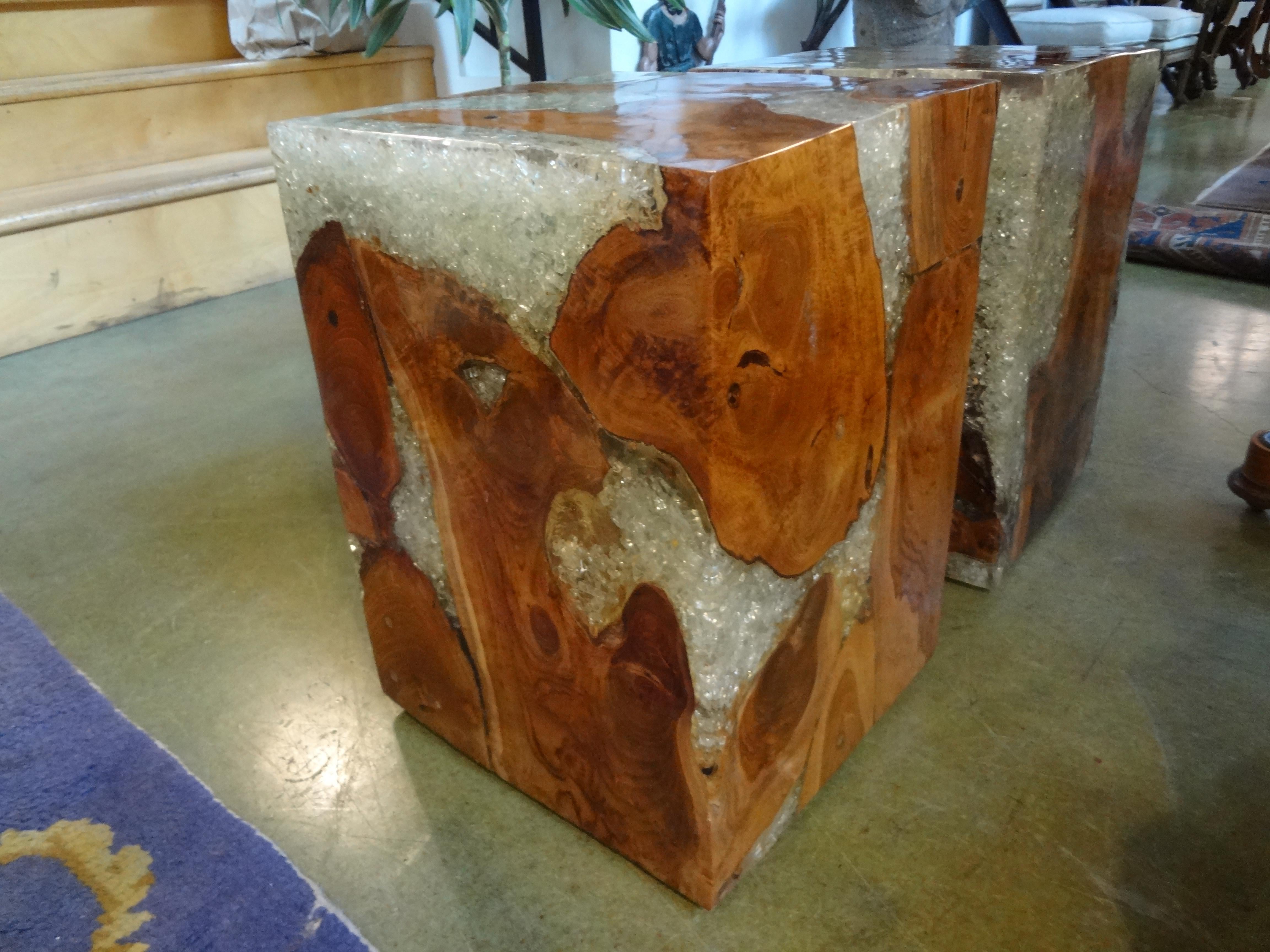 Pair of Vintage Organic Modern Fractal Resin and Wood Cube Tables For Sale 1