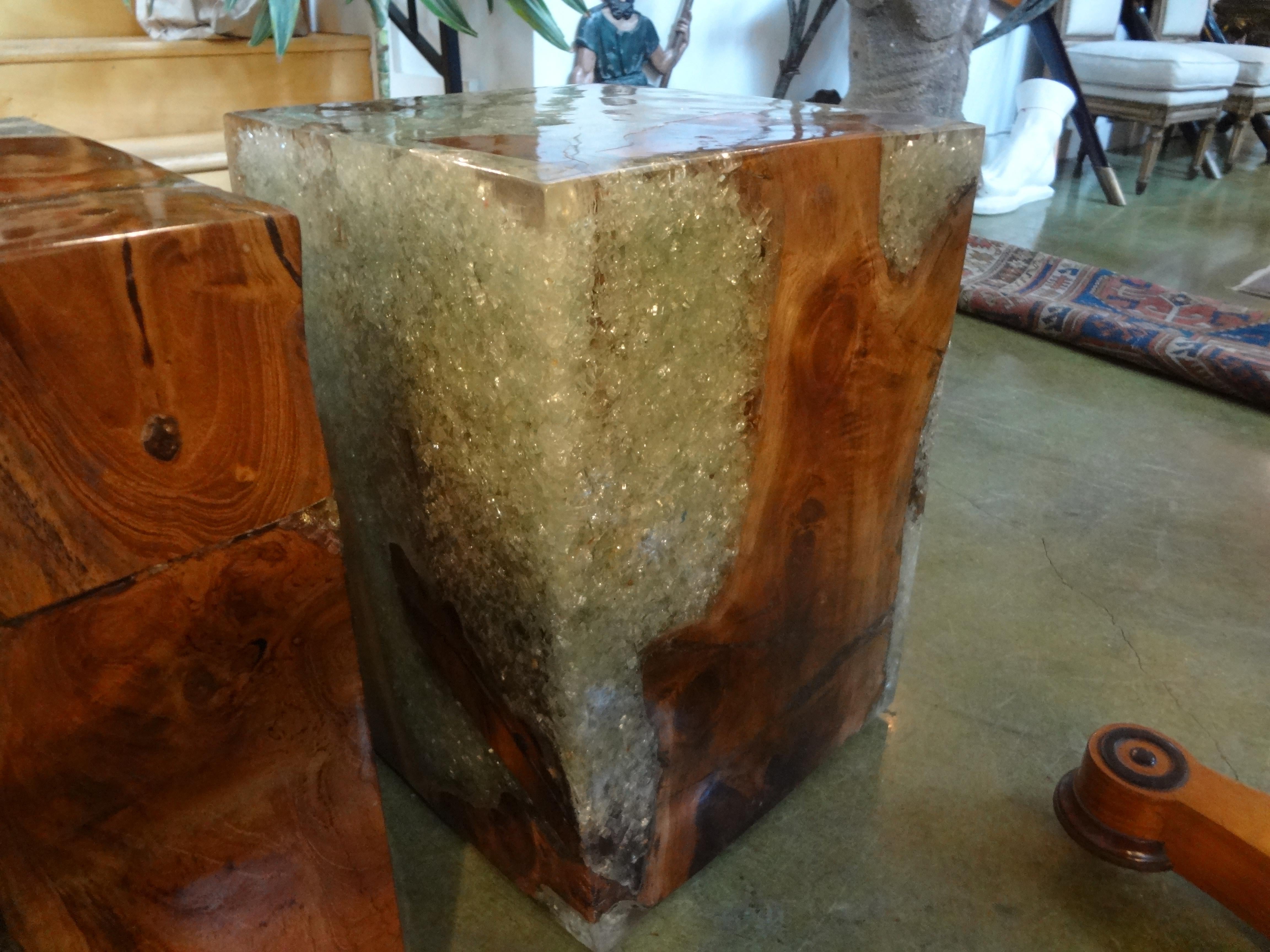 Pair of Vintage Organic Modern Fractal Resin and Wood Cube Tables For Sale 2