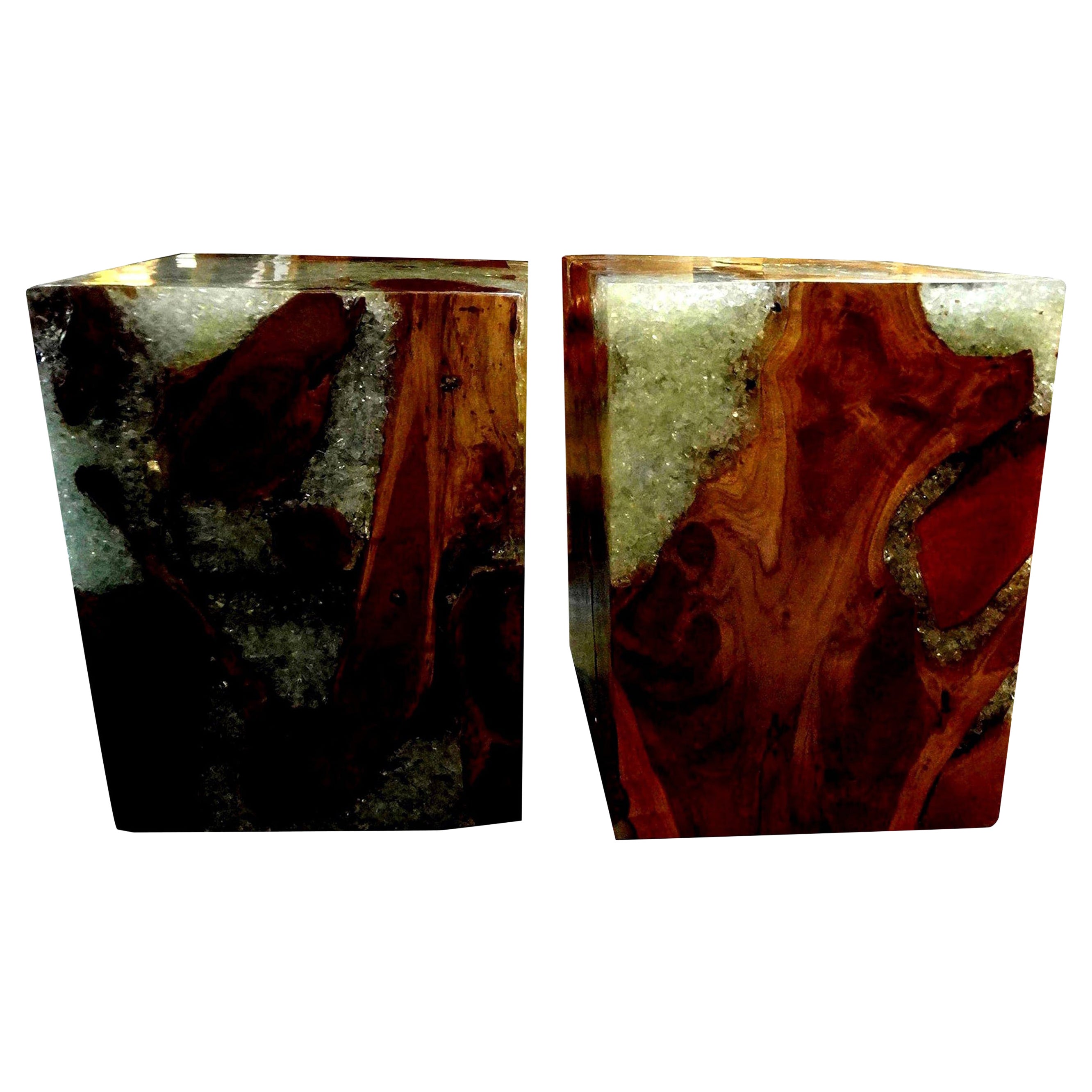 Pair of Vintage Organic Modern Fractal Resin and Wood Cube Tables
