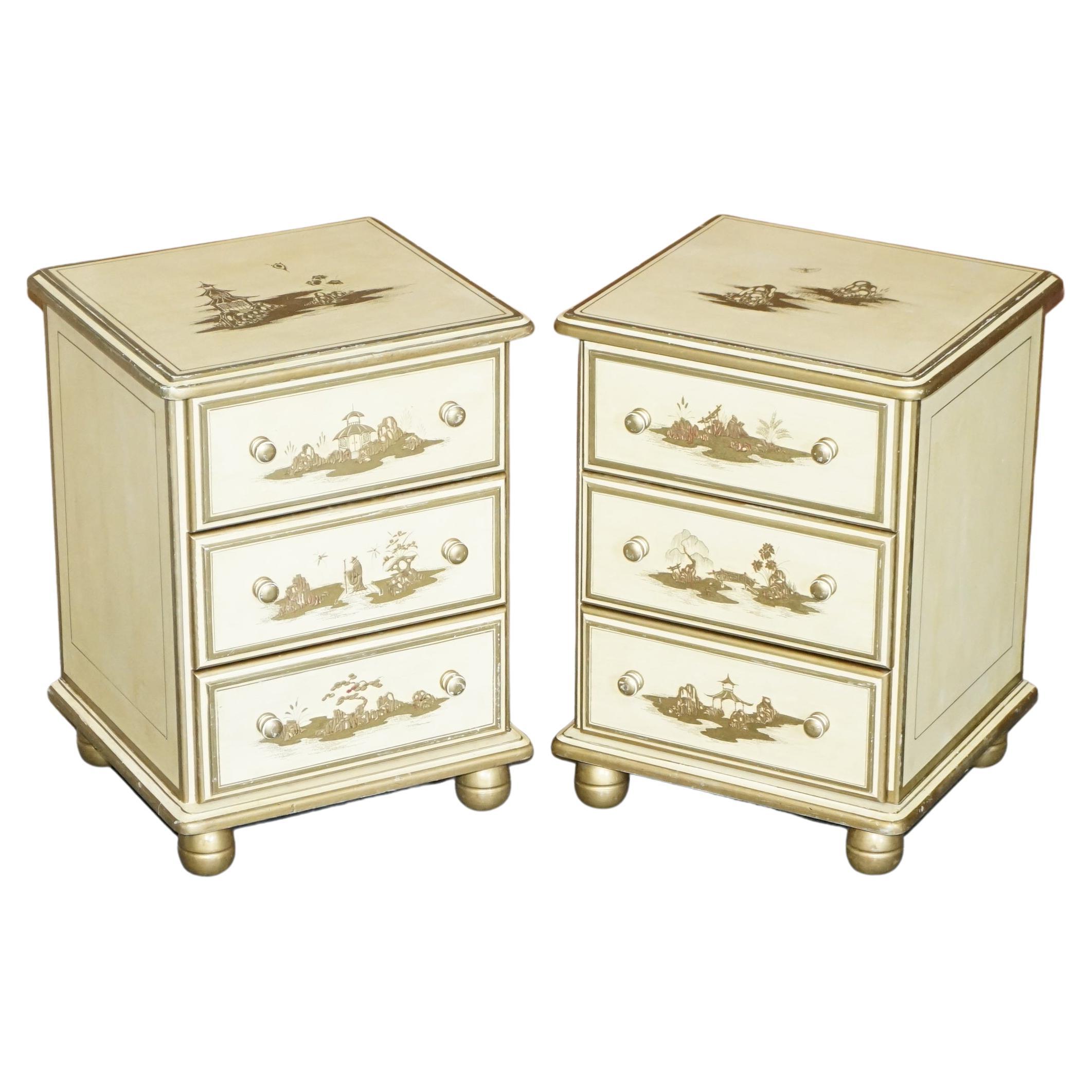 Pair of Vintage Oriental Chinese Cream & Gold Leaf Painted Bedside Table Drawers