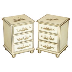 Pair of Vintage Oriental Chinese Cream & Gold Leaf Painted Bedside Table Drawers