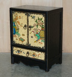 Pair of Vintage Oriental Chinese Elm, Gold Leaf Painted Side Cabinets + Drawers