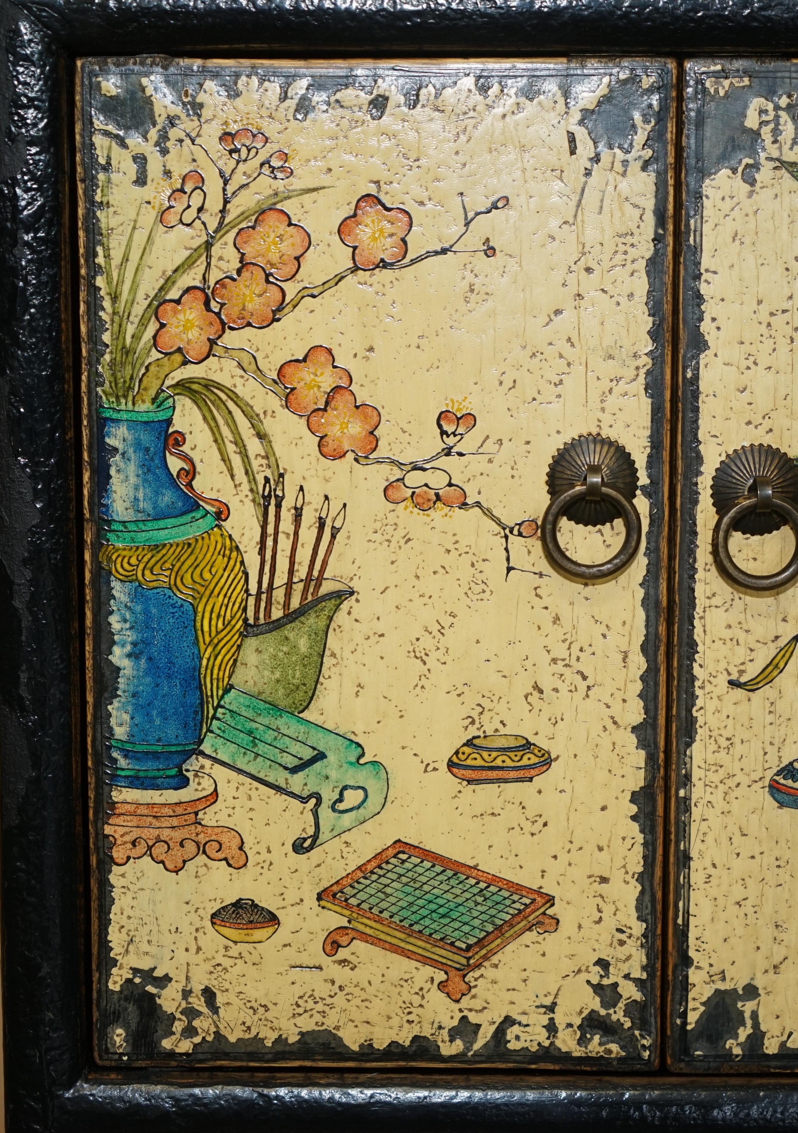 20th Century Pair of Vintage Oriental Chinese Elm, Gold Leaf Painted Side Cabinets + Drawers For Sale