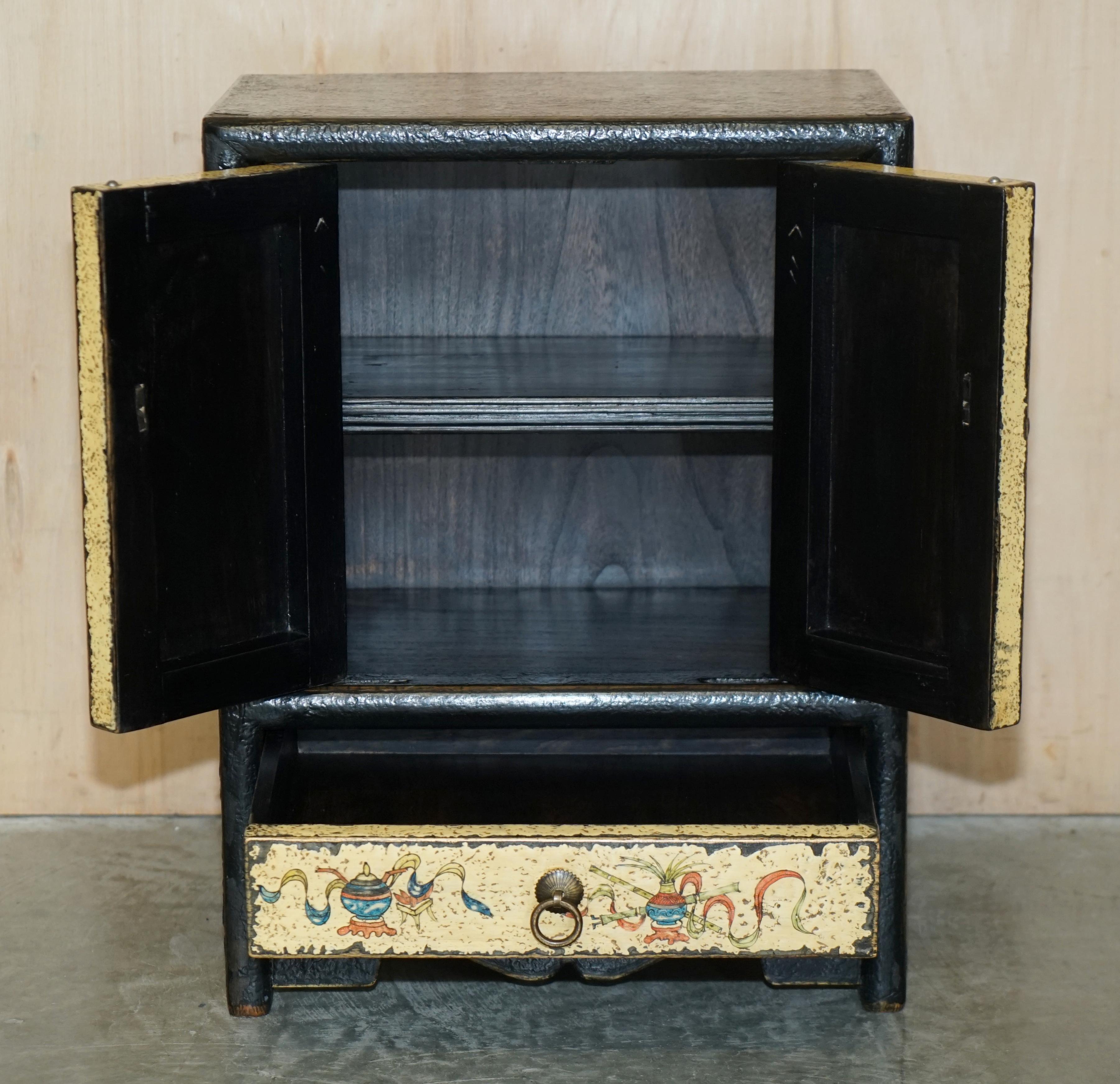 Pair of Vintage Oriental Chinese Elm, Gold Leaf Painted Side Cabinets + Drawers For Sale 4