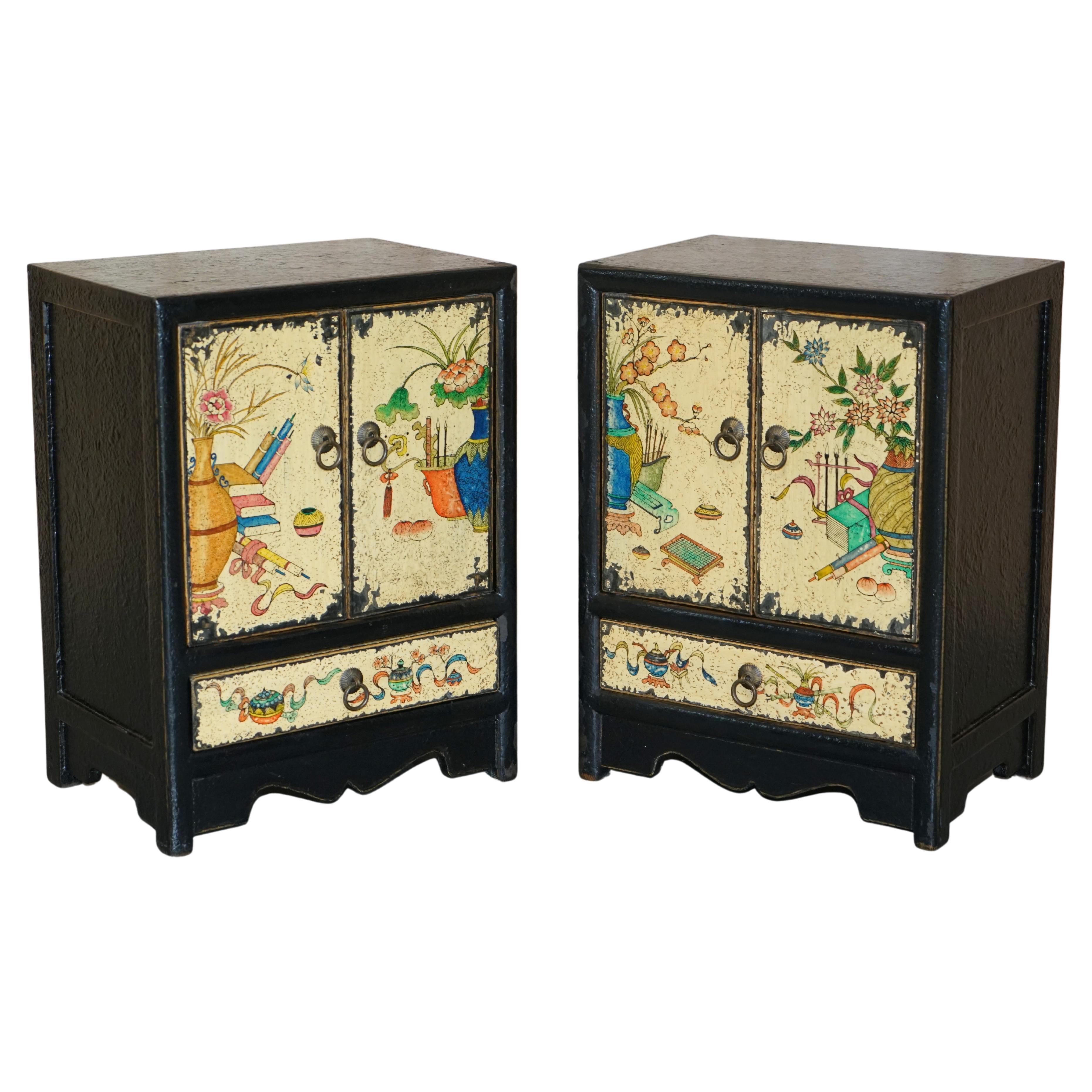 Pair of Vintage Oriental Chinese Elm, Gold Leaf Painted Side Cabinets + Drawers For Sale