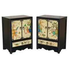 Pair of Vintage Oriental Chinese Elm, Gold Leaf Painted Side Cabinets + Drawers
