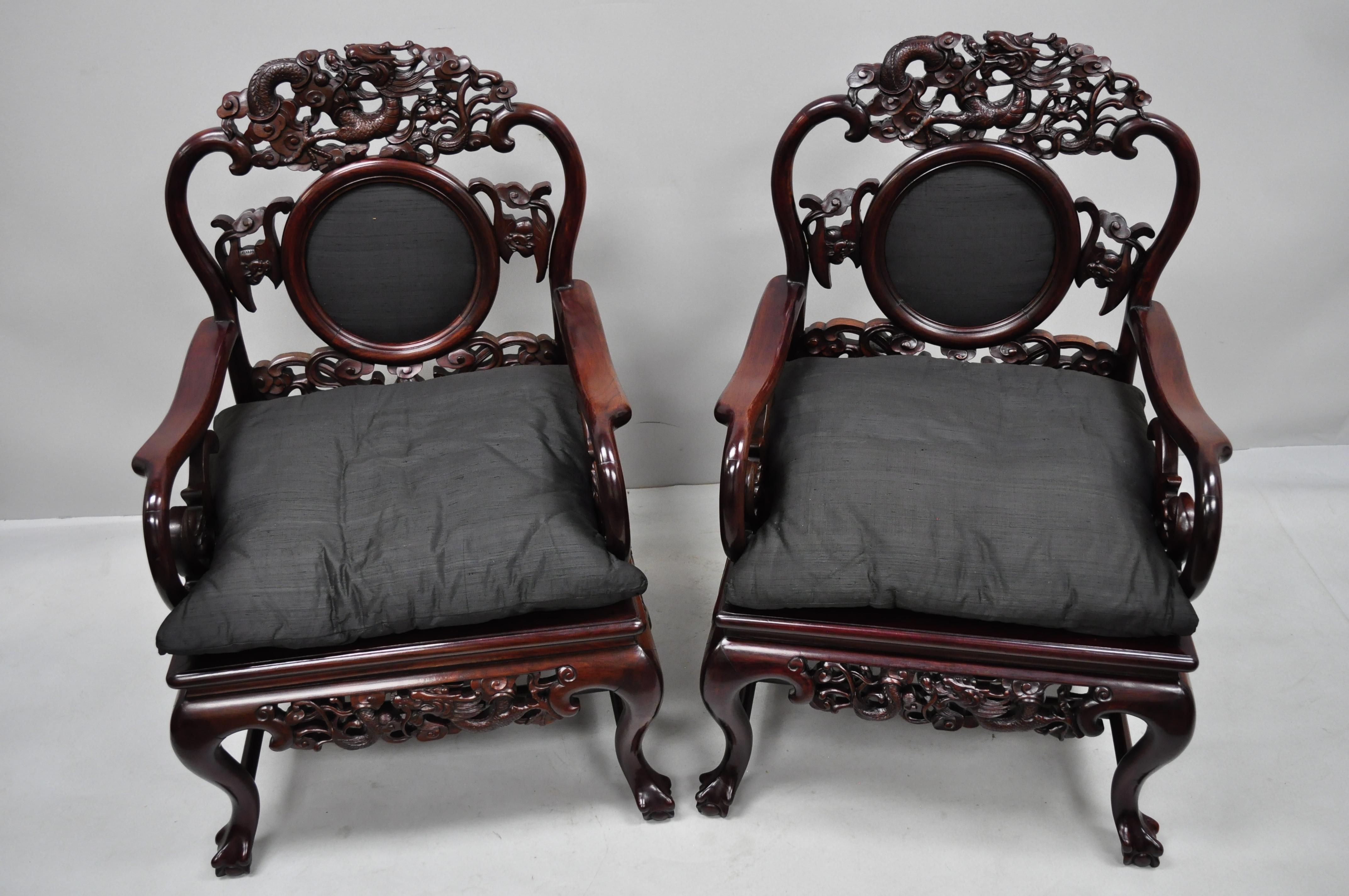 Pair of Vintage Oriental Dragon Carved Rosewood Lounge Throne Chair Armchairs 4