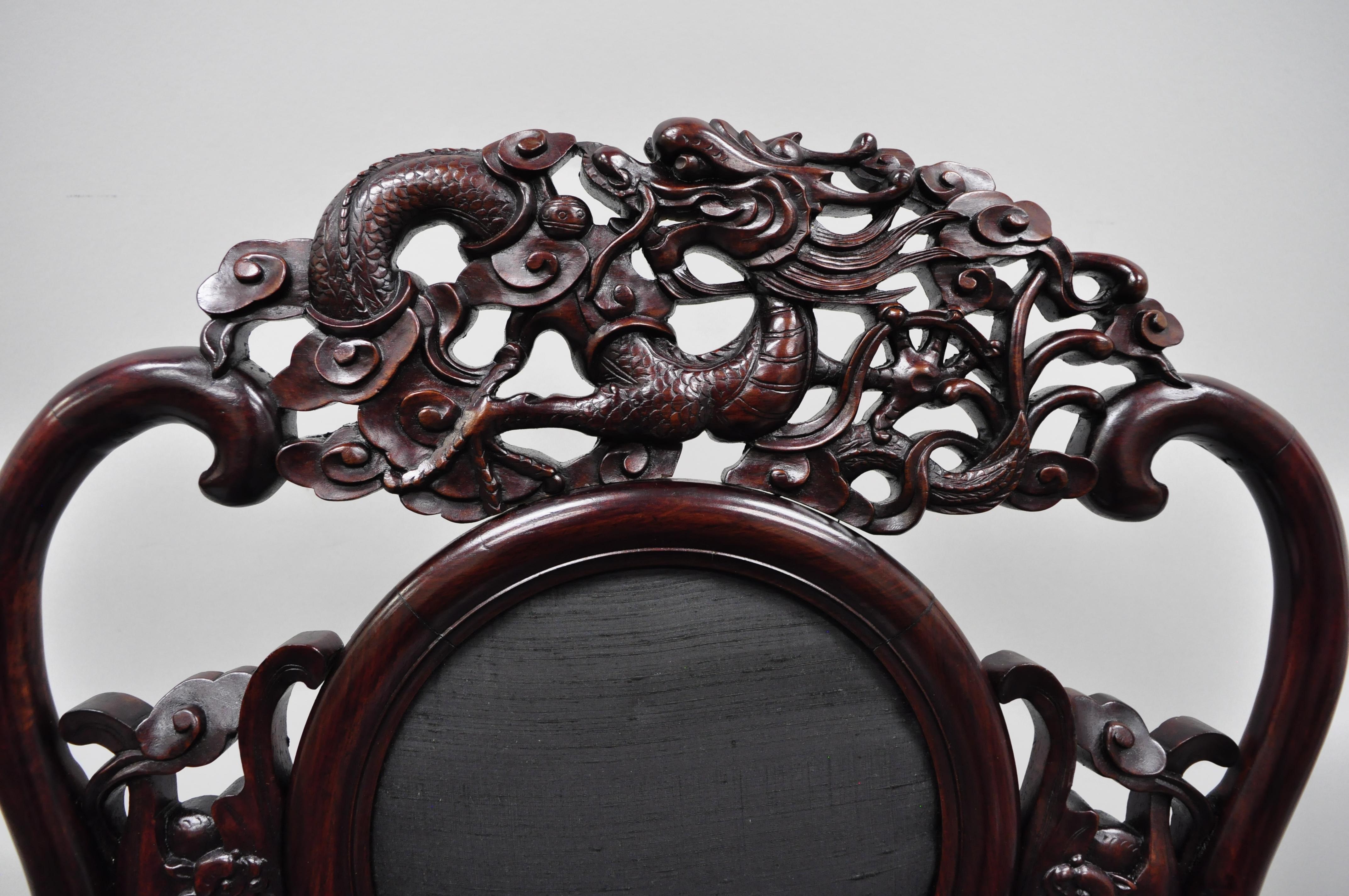Asian Pair of Vintage Oriental Dragon Carved Rosewood Lounge Throne Chair Armchairs